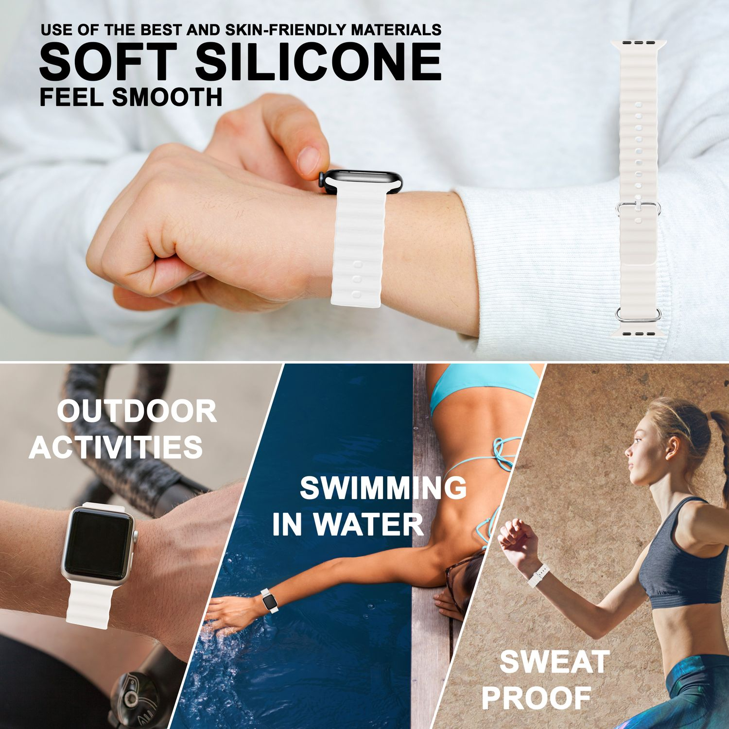 Bild mit Smartwatch und Zubehör. Der Text lautet: WEICHES SILIKON. FÜHLT SICH GLATT AN. Outdoor-Aktivitäten.