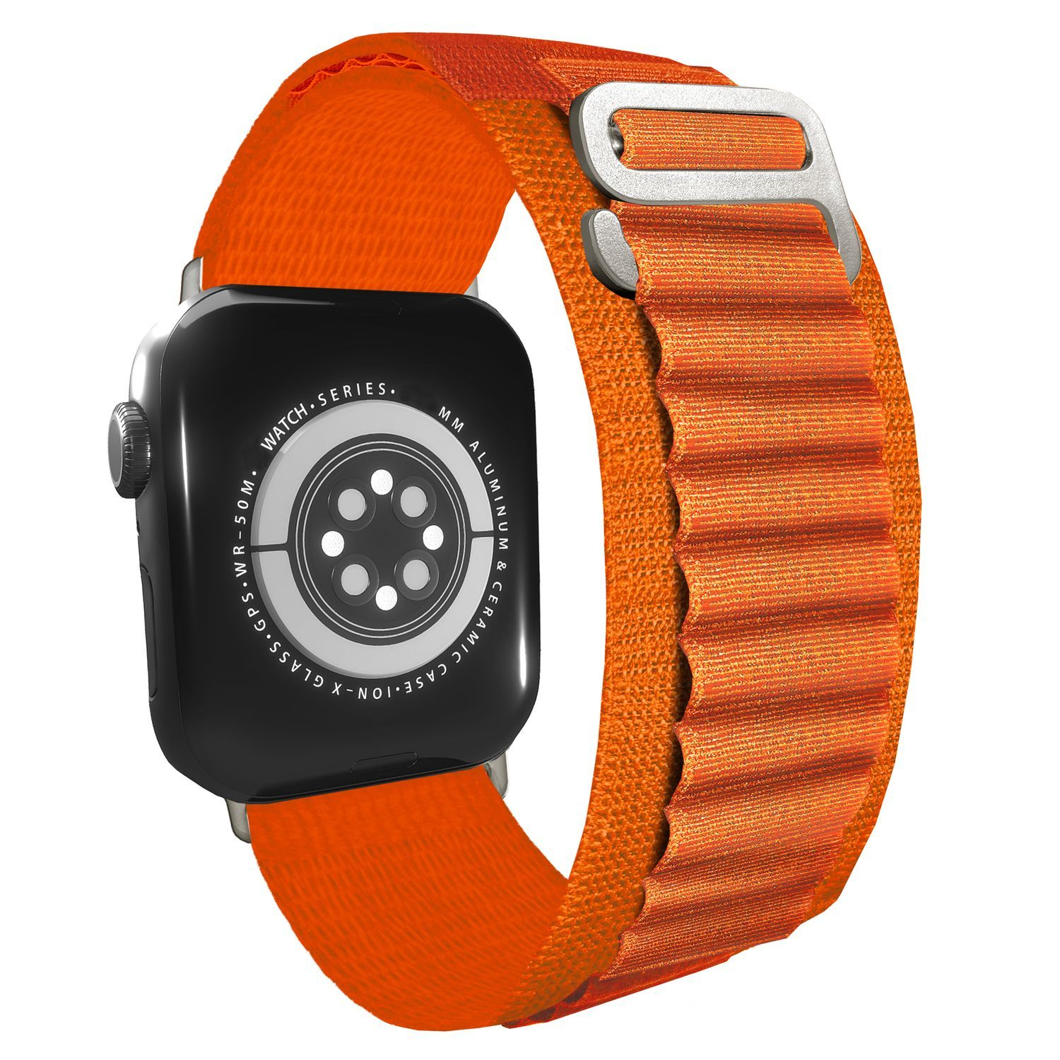 Eine schwarze Apple Watch mit orangefarbenem Armband. Das Armband ist gewebt, mit einer silbernen Schnalle.