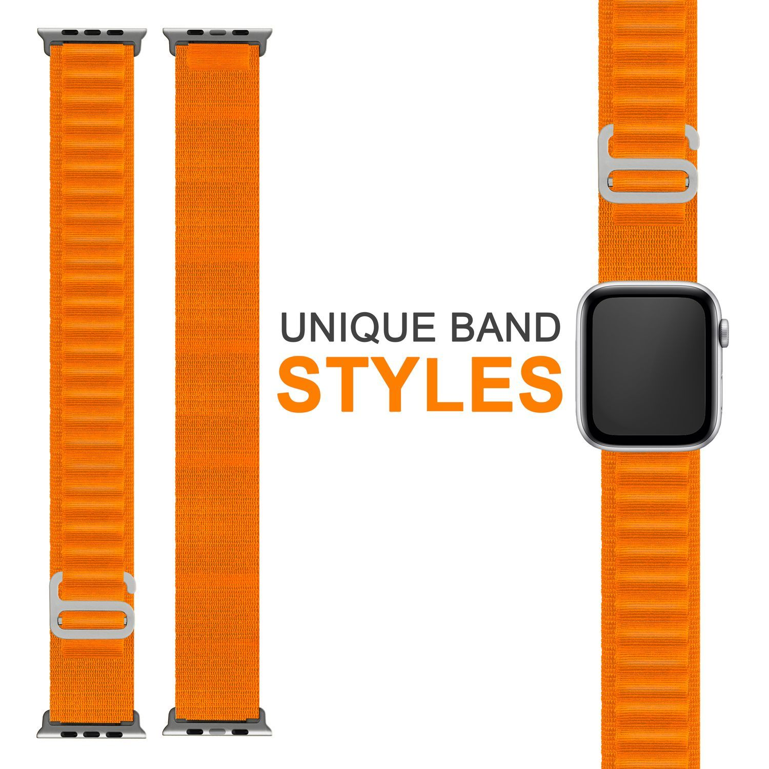 Oranges Apple Watch-Armband mit schwarzer Uhr, Text links. Einzigartige Band-Stile.