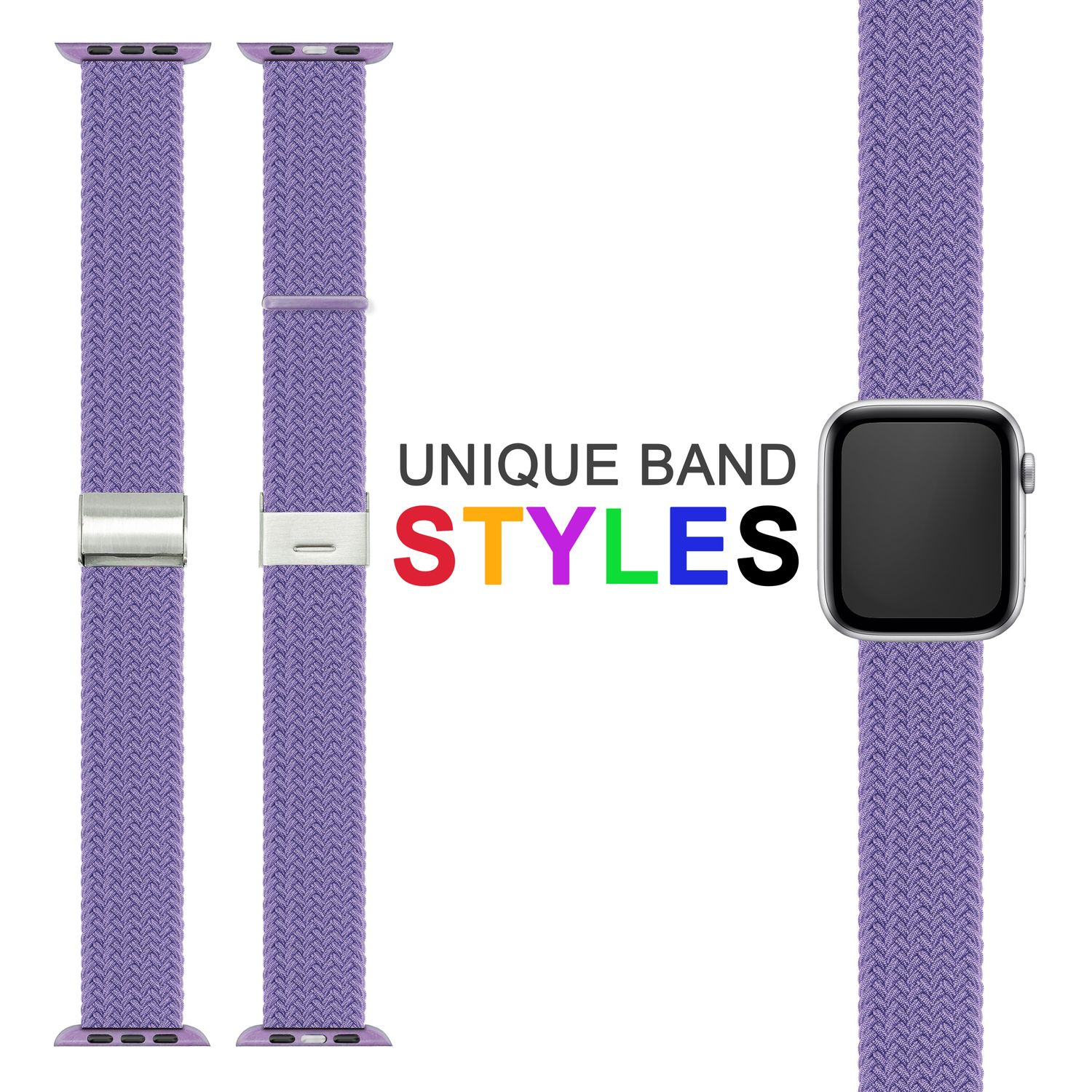 Lila Uhrenarmbänder mit Edelstahlverschlüssen. Der Text lautet: 'UNIQUE BAND STYLES'.
