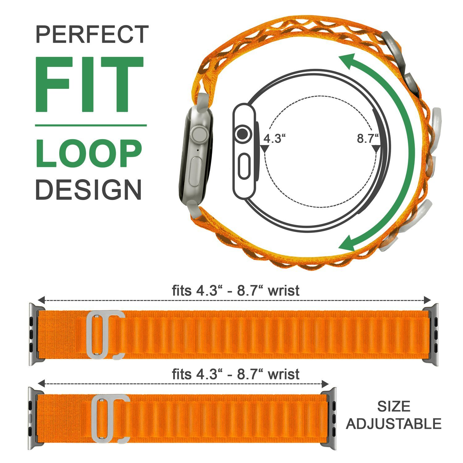 Ein orangefarbenes Uhrenarmband mit verstellbarer Größe und Diagramm der Abmessungen.