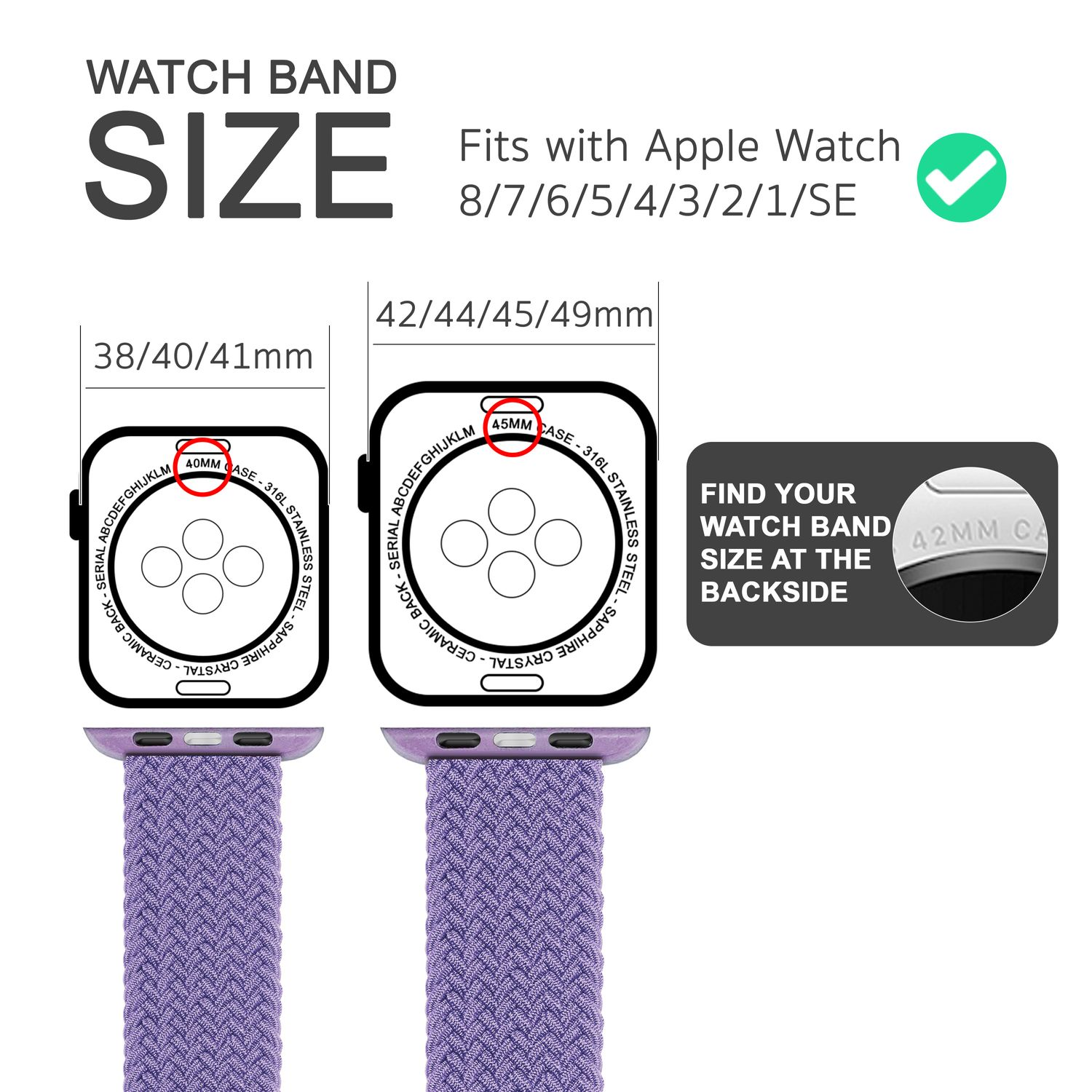Armband-Größenübersicht. Apple Watch. Lila Band.