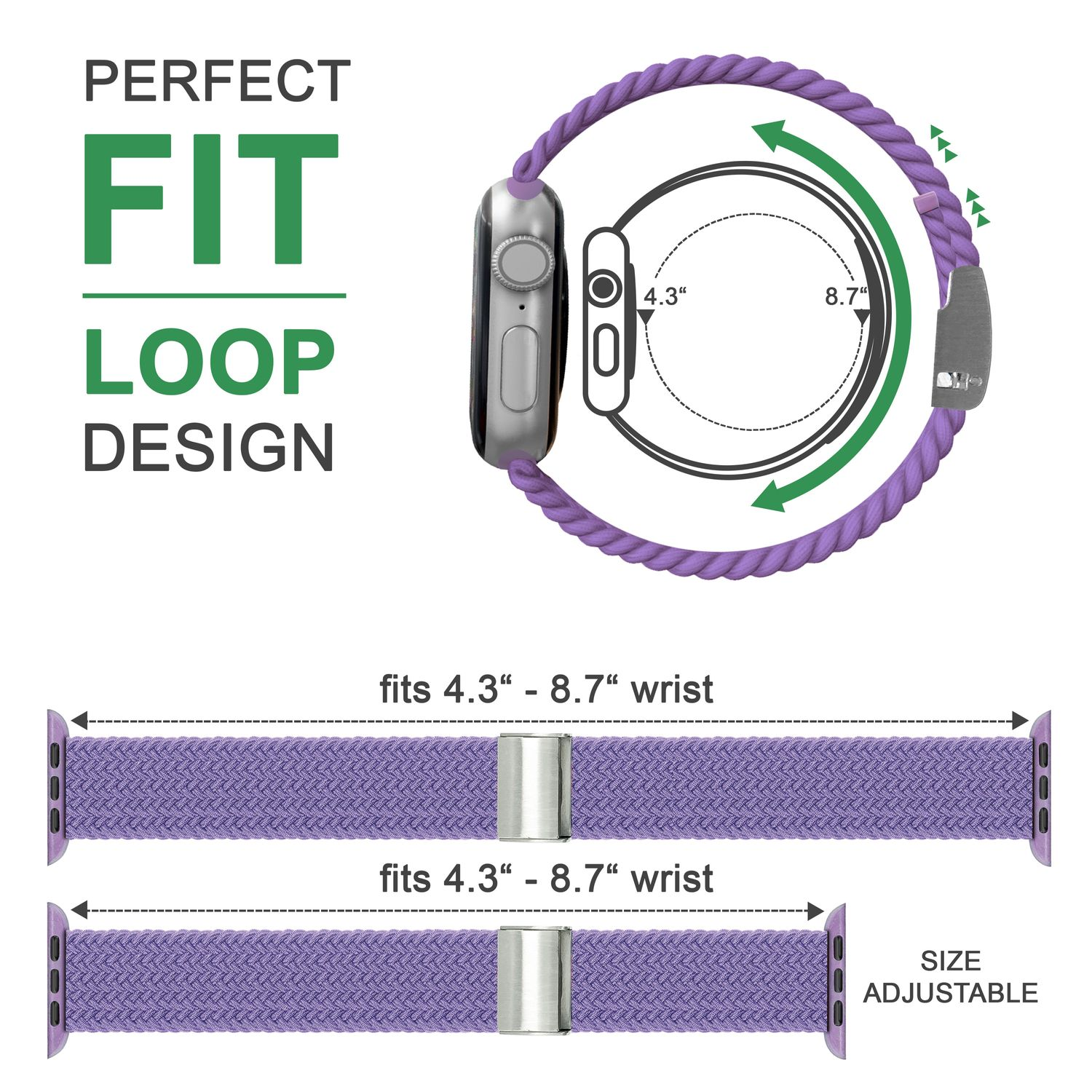 Ein geflochtenes, lila Uhrenarmband mit silberner Schließe und eine Apple Watch. Text: Perfect Fit.