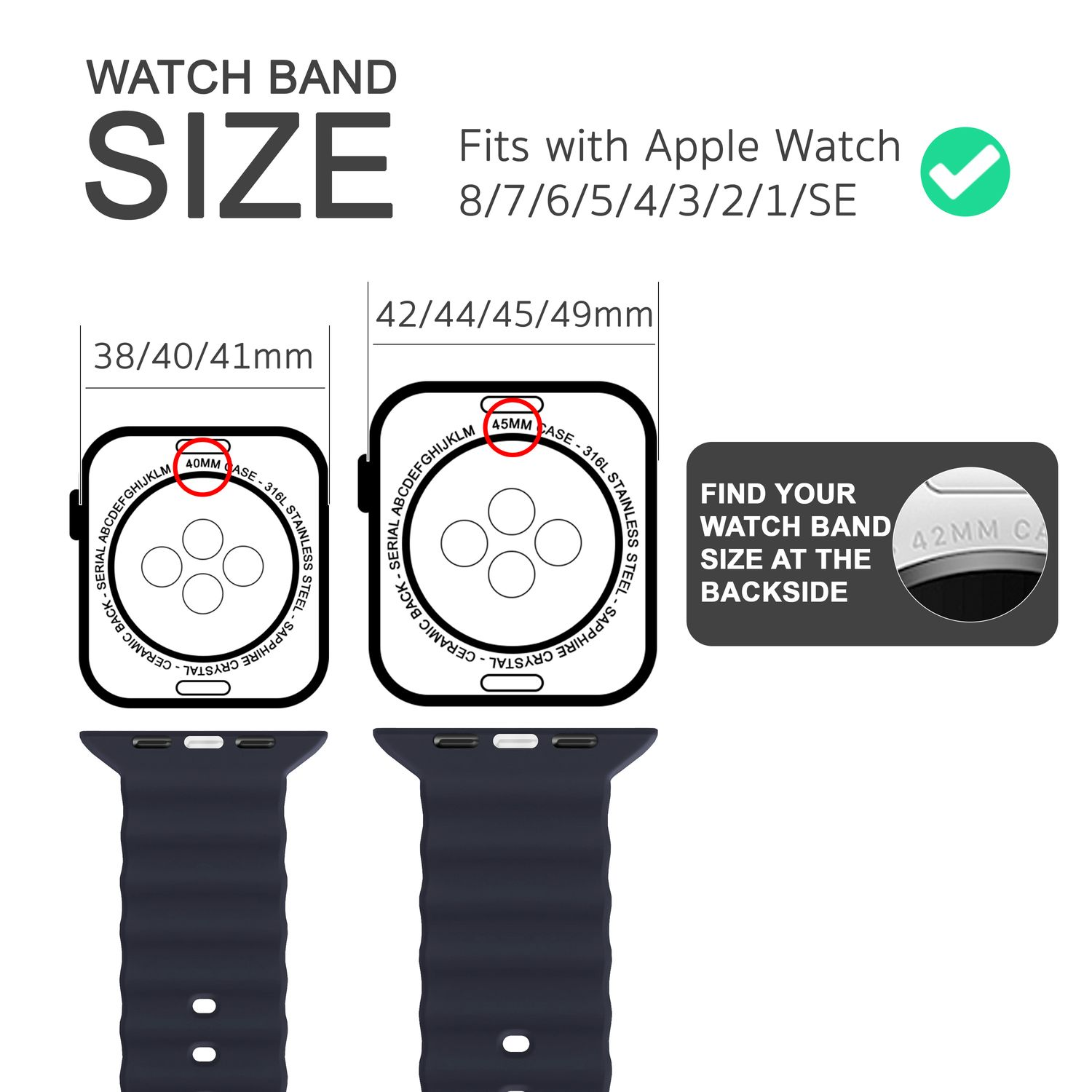 Armbandgrößen-Leitfaden mit Abmessungen für verschiedene Apple Watch-Größen.