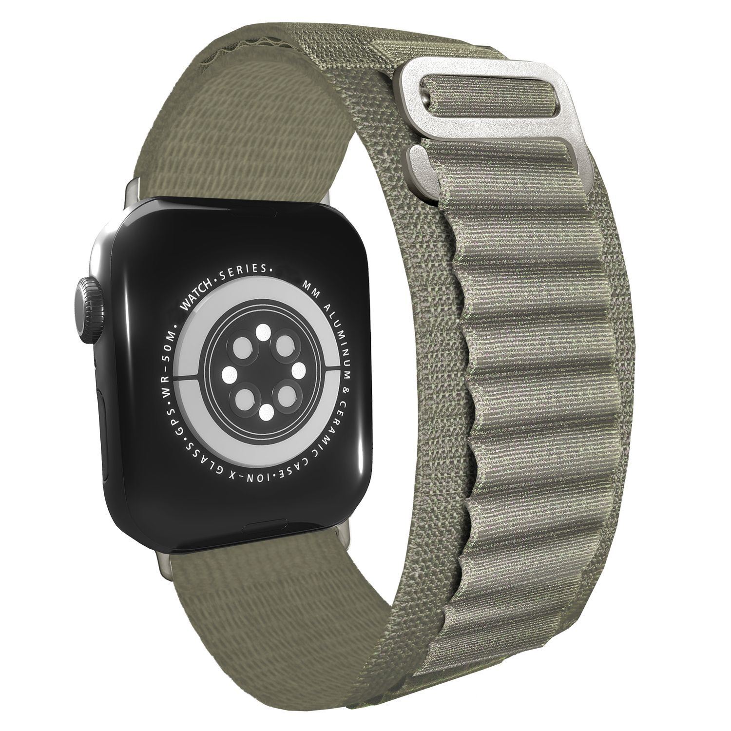 Eine schwarze Smartwatch mit einem hellgrünen Armband. Das Armband ist strukturiert und an der Uhr befestigt.