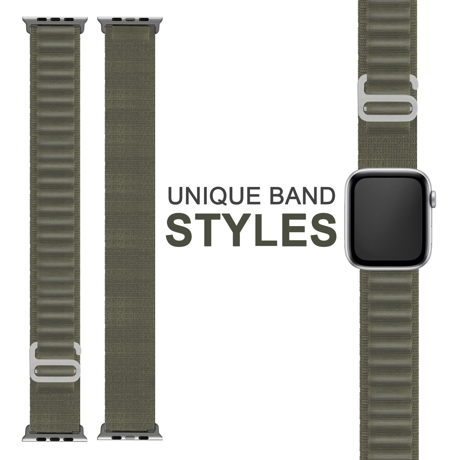 Olivgrüne Uhrenarmbänder mit Metallverschlüssen, drei Armbänder werden gezeigt. Text: EINZIGARTIGE BANDSTILE.