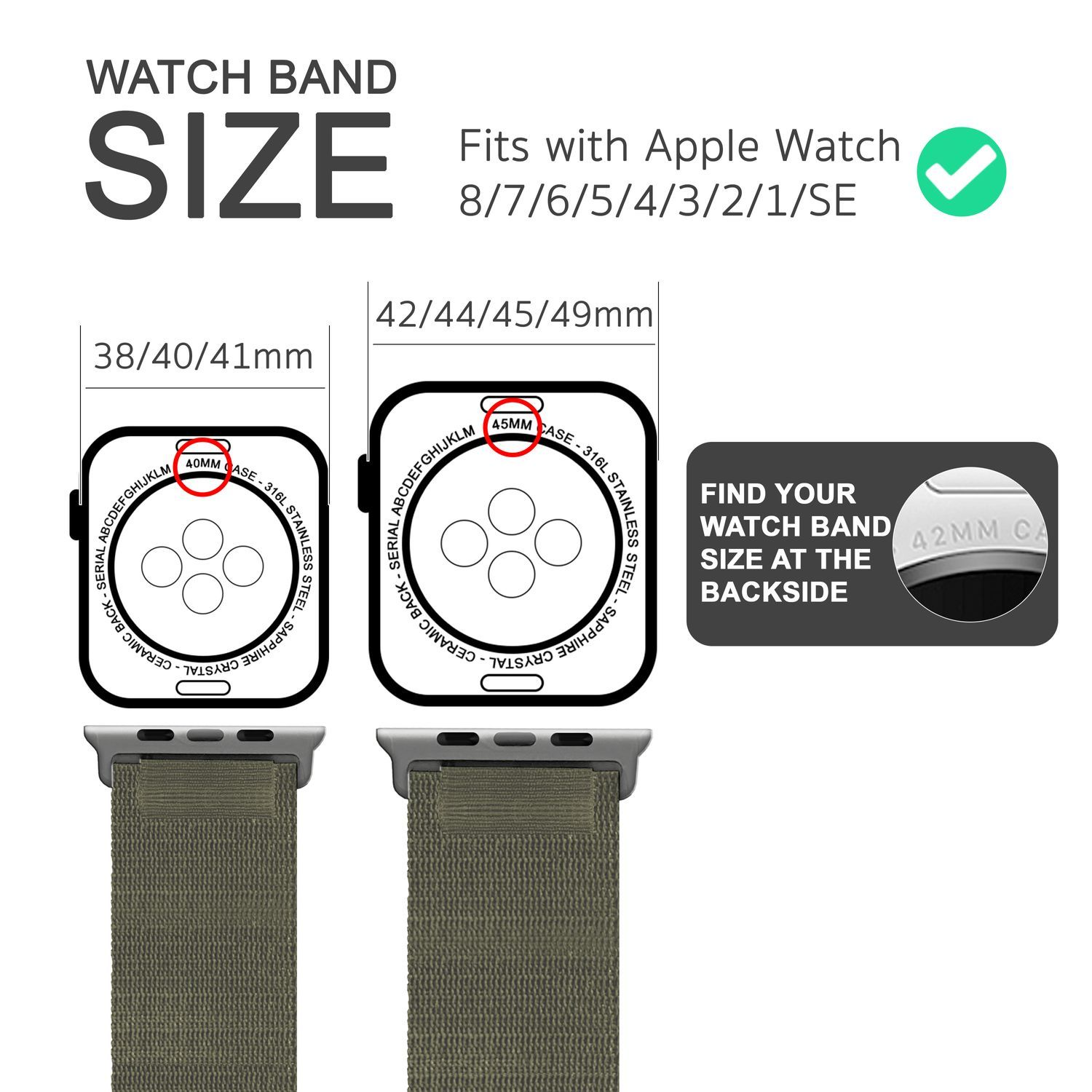 Ein Bild zeigt Armbänder mit Größenangabe für Apple Watch. Enthält Größen 38-49mm und ein Häkchen.