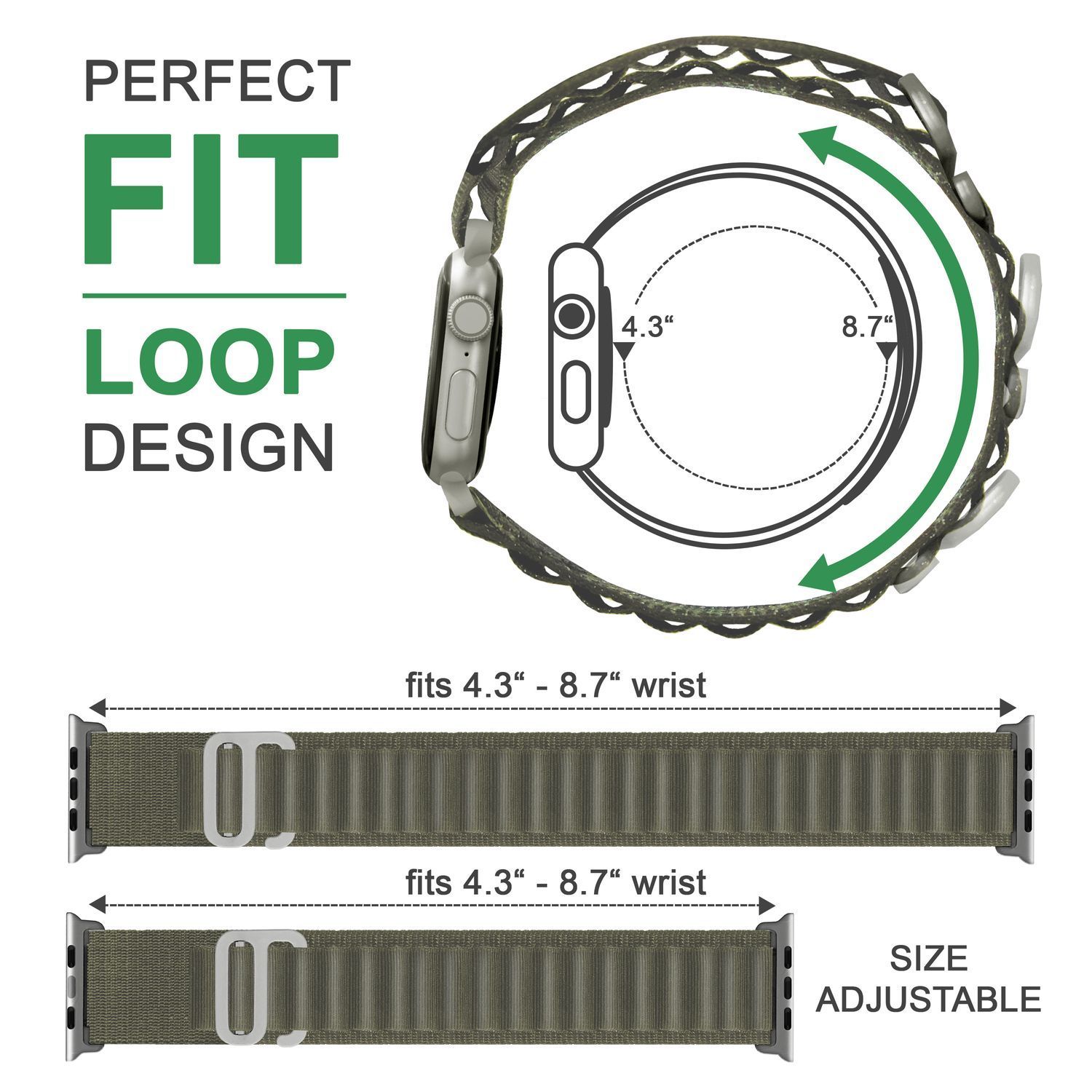Armband mit Schlaufendesign, verstellbare Größe, passend für 4,3"-8,7" Handgelenk.