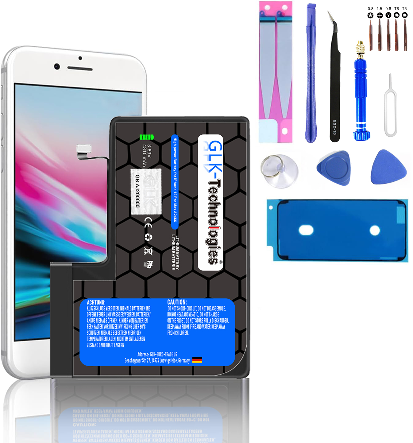 Weißes Telefon, Akku, Werkzeuge und Zubehör für den Akkuwechsel. Weißer Hintergrund.