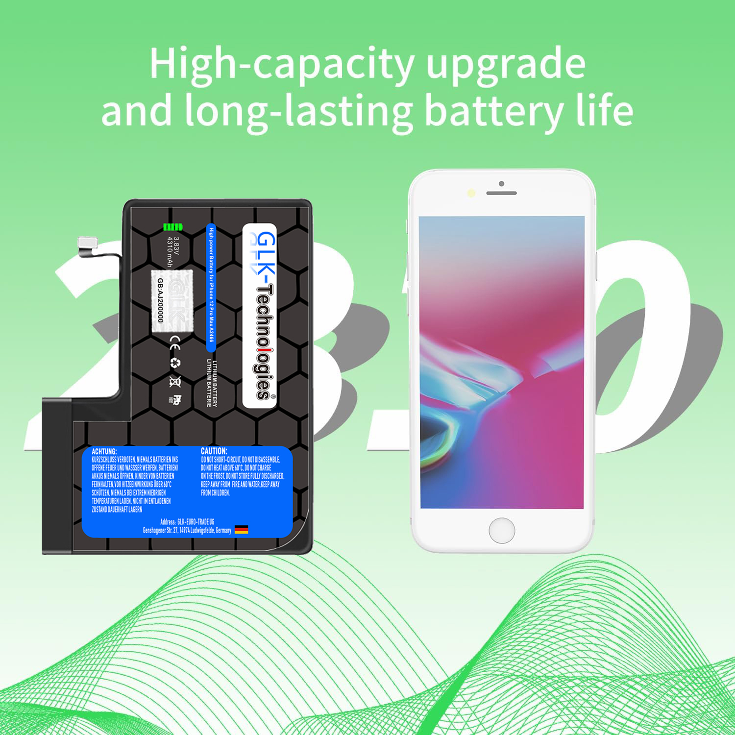 Ein Akku und ein Telefon mit dem Text „High-capacity upgrade and long-lasting battery life“.
