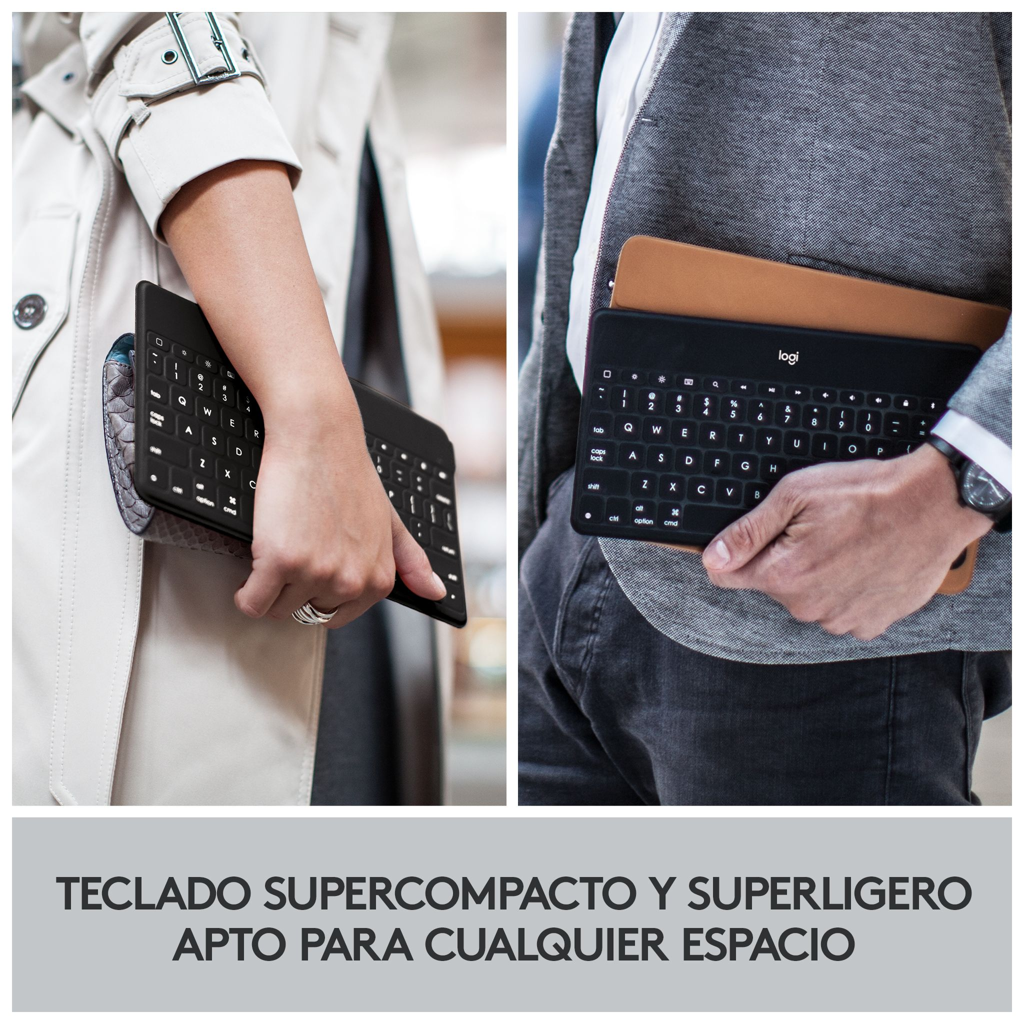 Dos personas sosteniendo teclados negros en las manos.