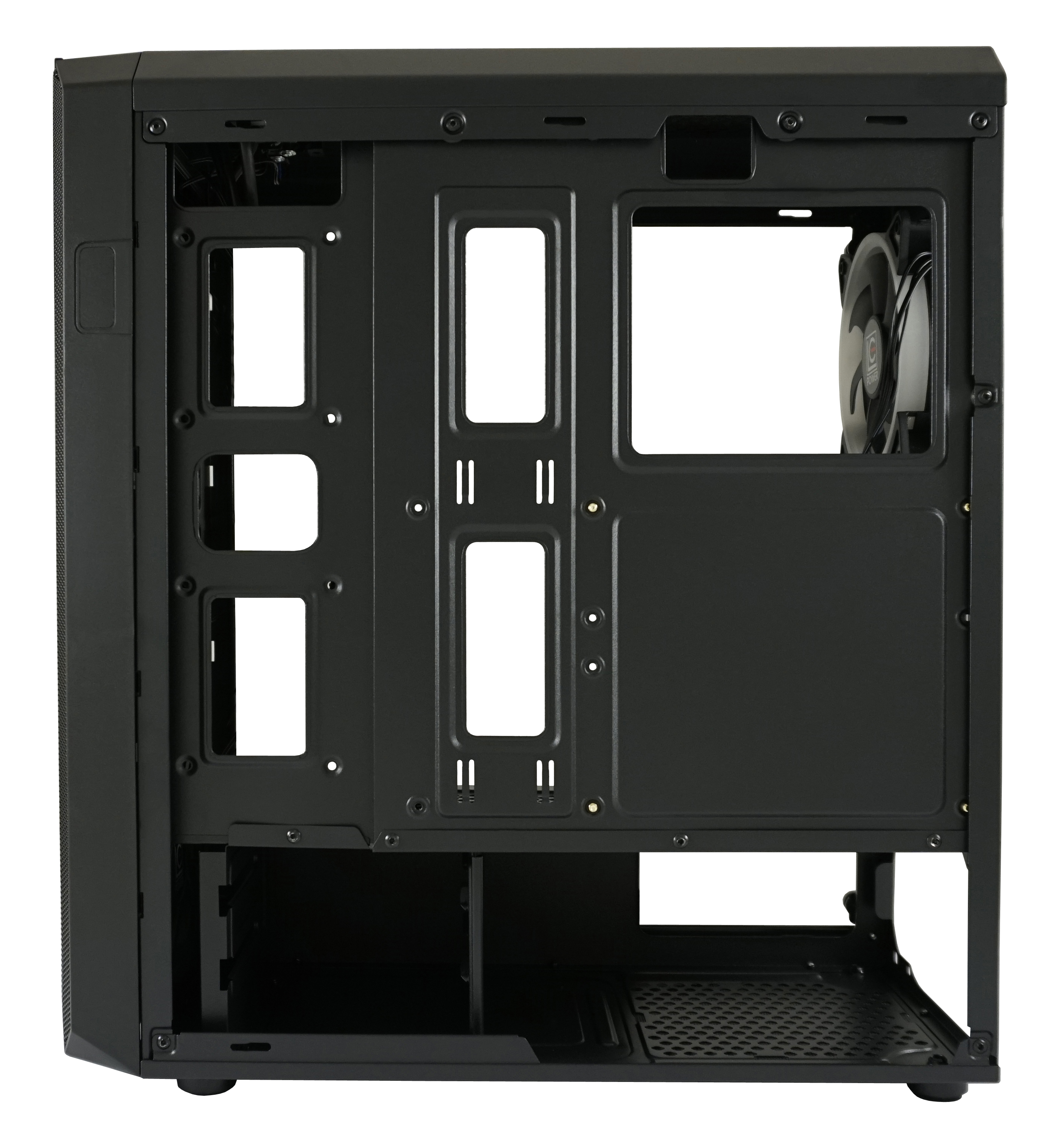 L'interno vuoto di un case per computer nero, che mostra vari scomparti e una ventola.