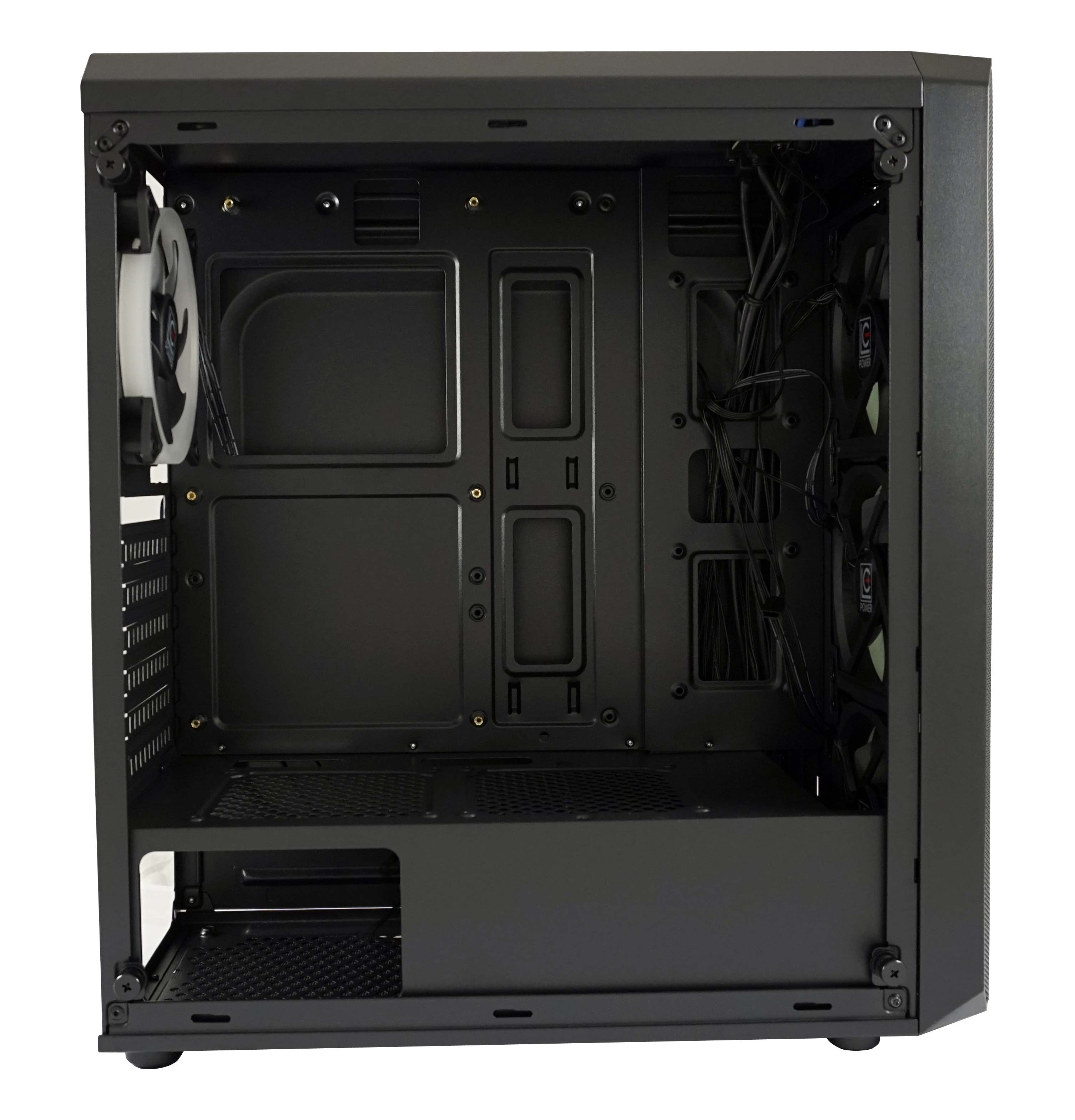 Un case per computer aperto, che mostra l'interno con ventole e punti di montaggio.