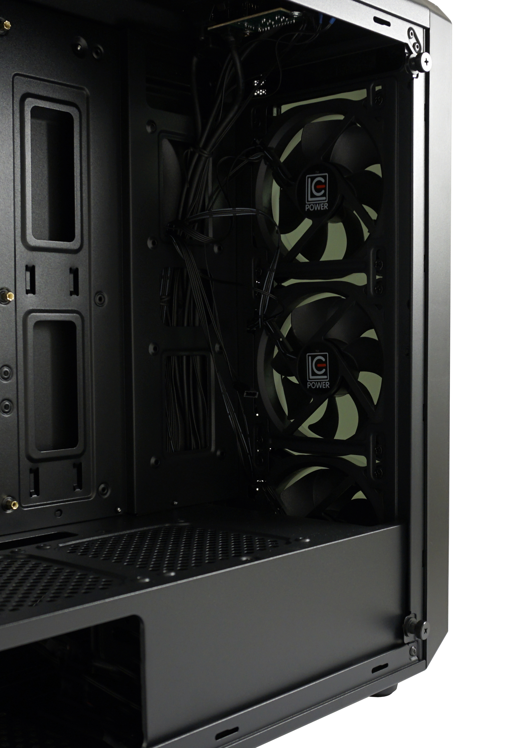 Interno di un case per computer con ventole e componenti. Colore nero.