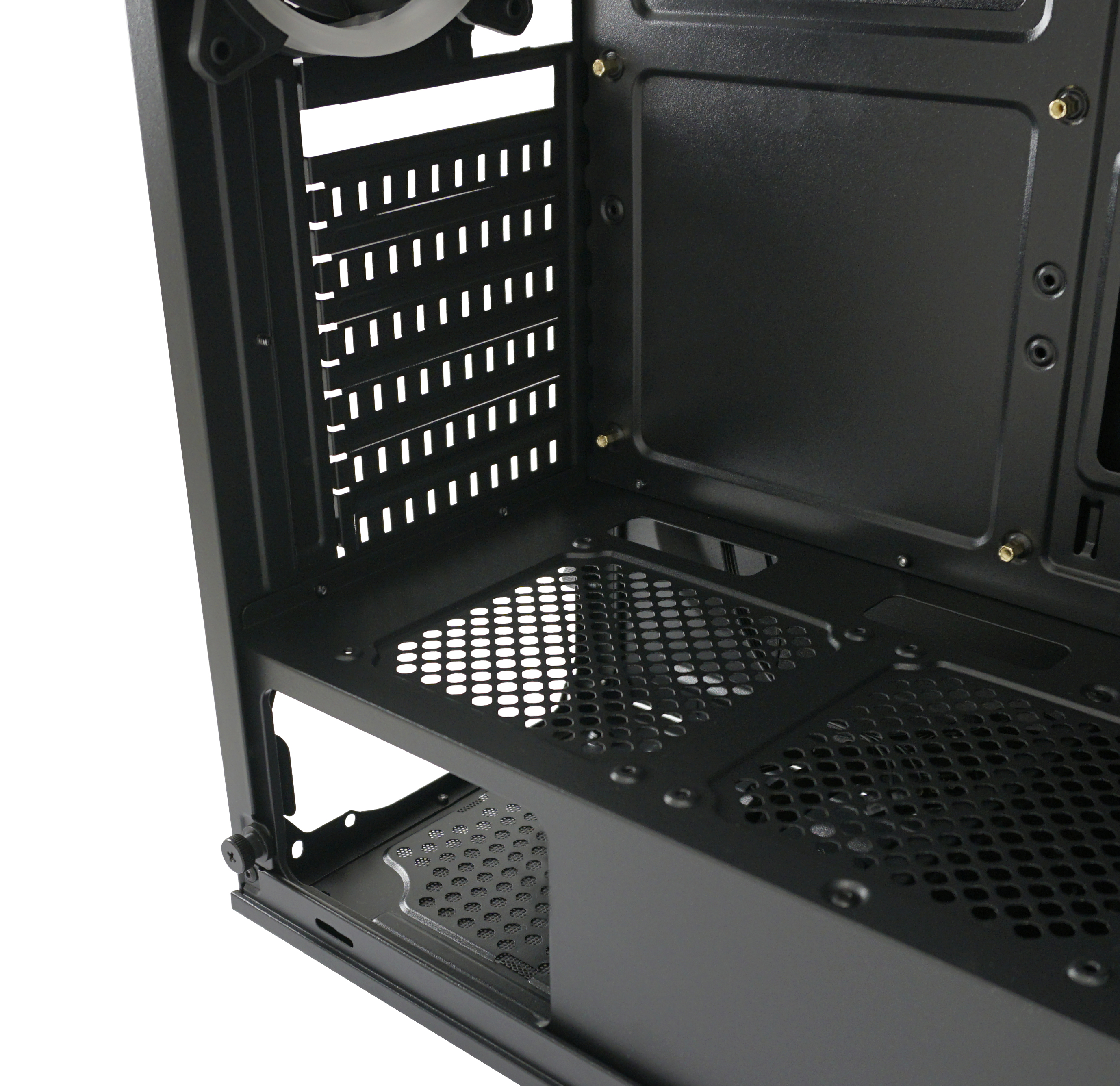 Interno di un case per computer nero con fori di ventilazione e un ripiano.
