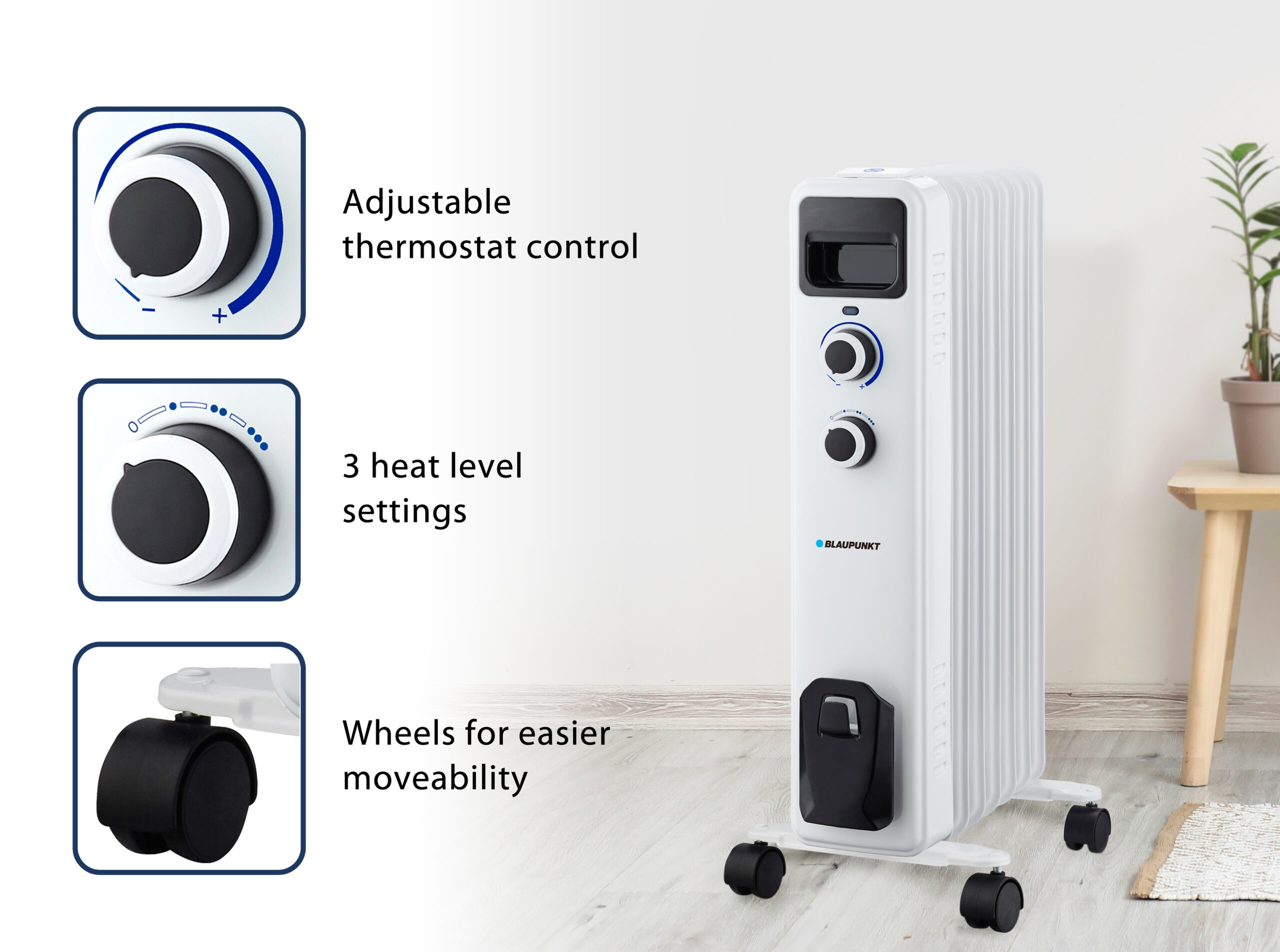 Biały grzejnik olejowy z regulowanymi elementami sterującymi i kółkami ułatwiającymi przemieszczanie.