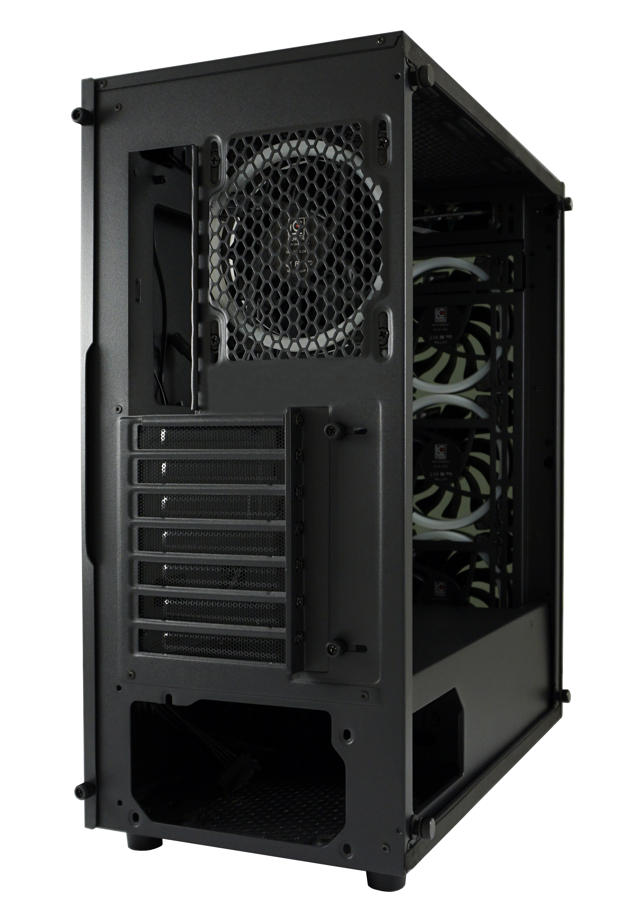 Czarna obudowa komputera z wentylatorami i otwartym bokiem. Bok jest przezroczysty.