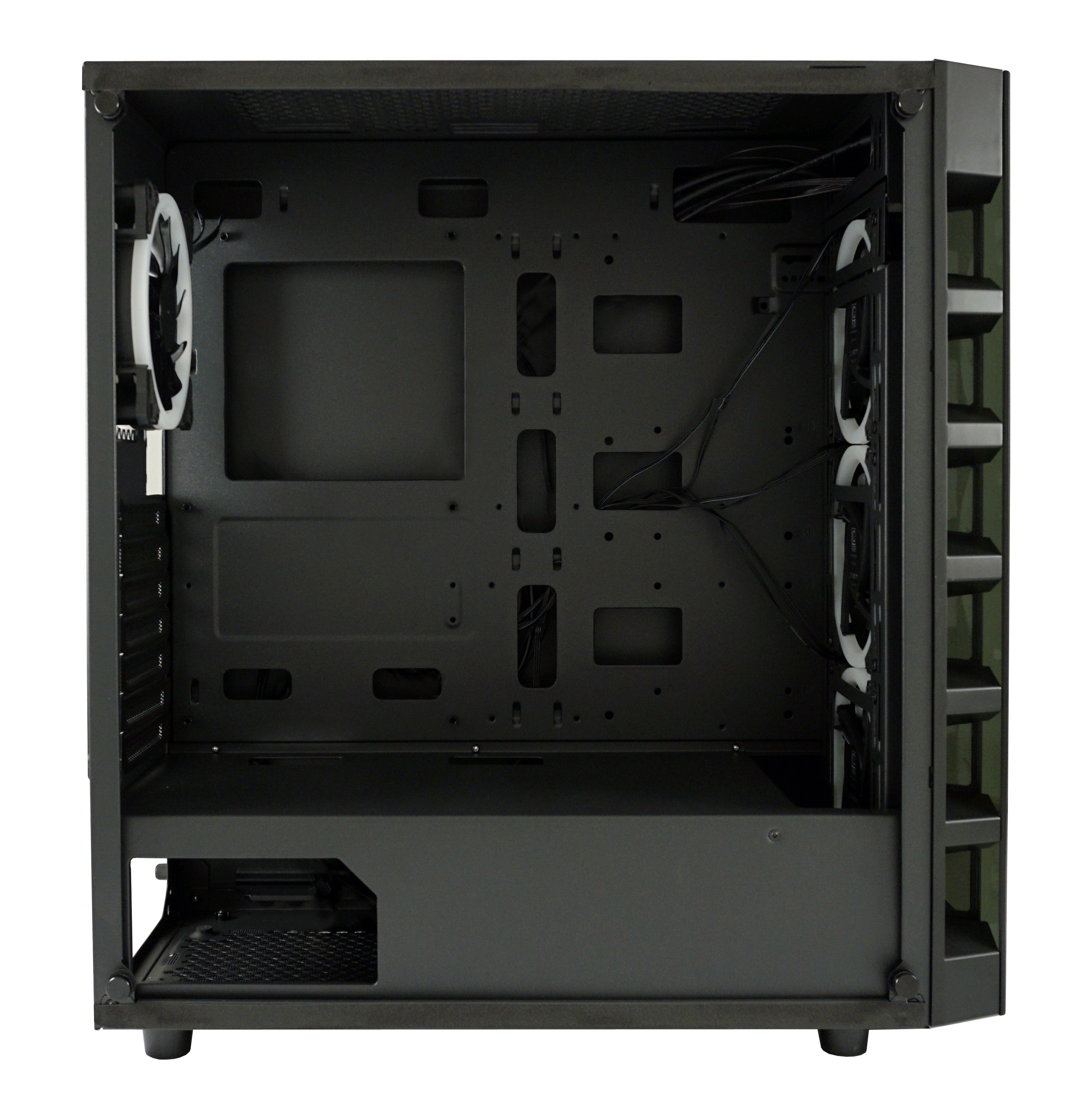 Pusta czarna obudowa komputera z wentylatorami. Otwarta, pokazująca wewnętrzne komponenty i obszary montażu.