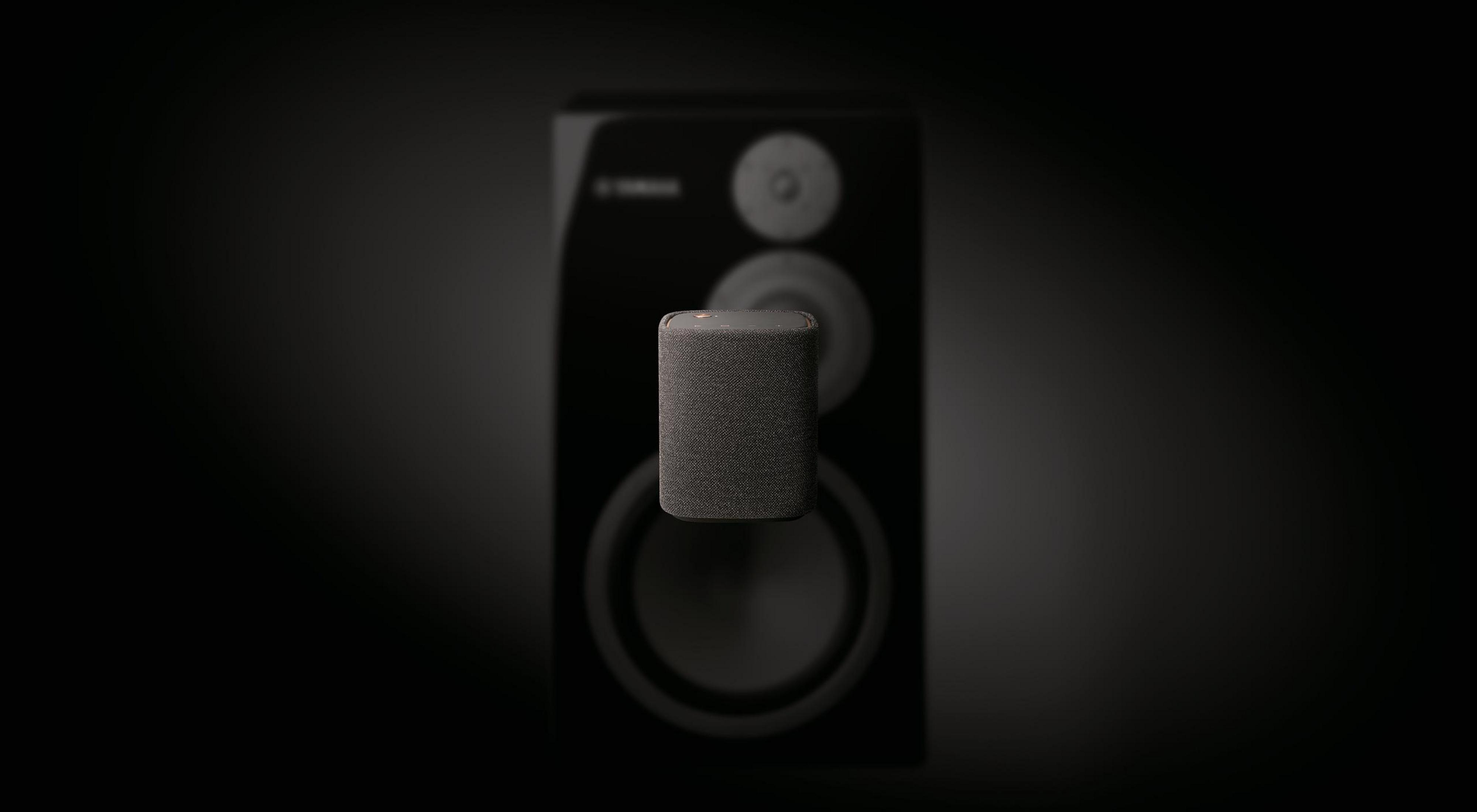 Czarny głośnik z szarym walcem z przodu. Tło jest ciemne.