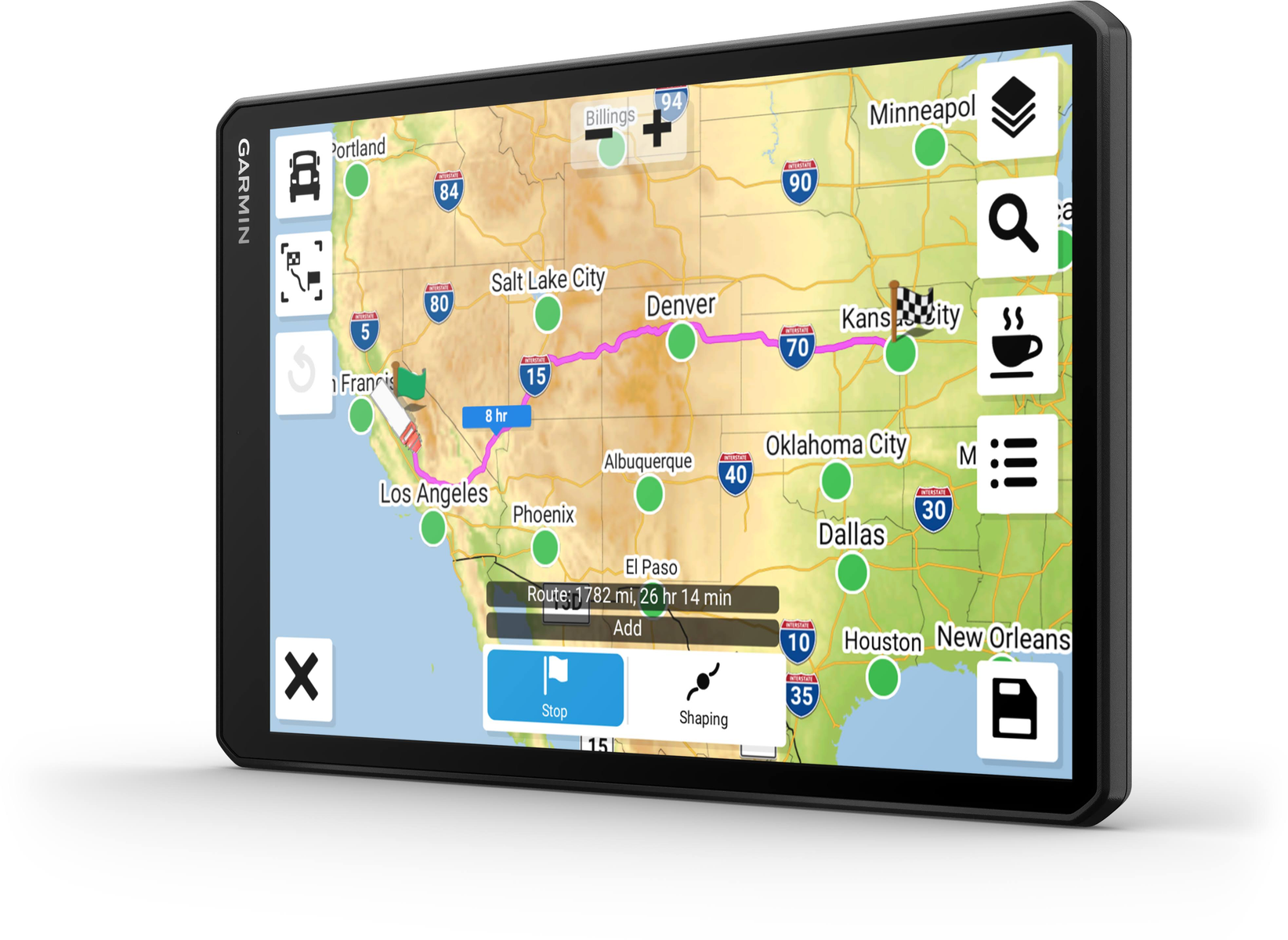 GPS-Gerät mit Karte, Route und Symbolen.