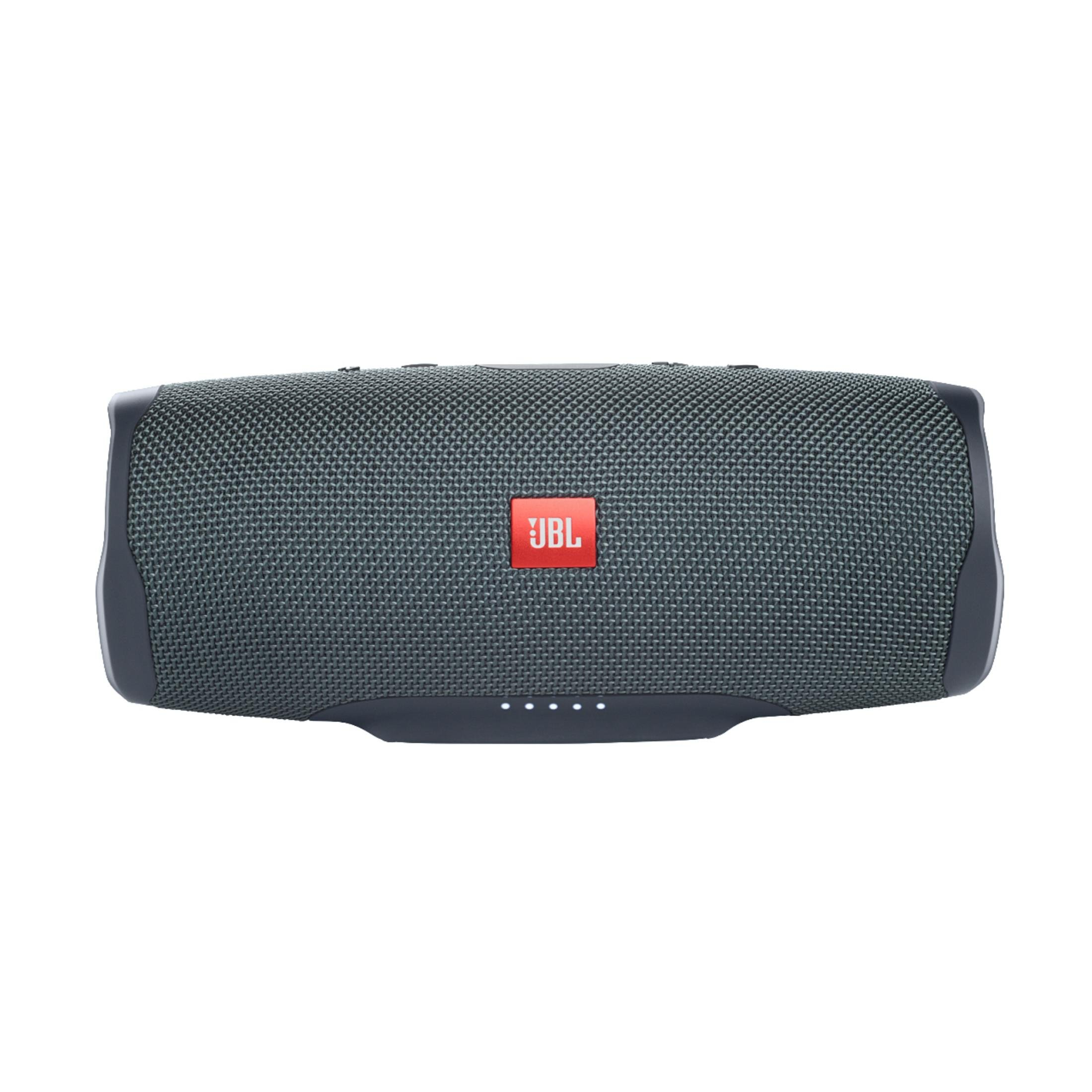Szary głośnik JBL z czerwonym logo JBL, na białym tle.