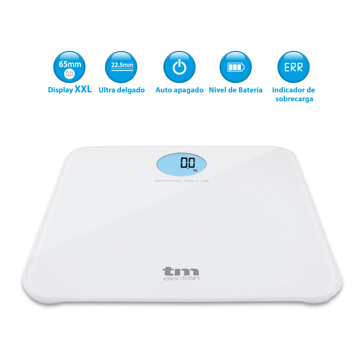 Báscula blanca con pantalla digital. Tiene apagado automático e indicadores de nivel de batería.