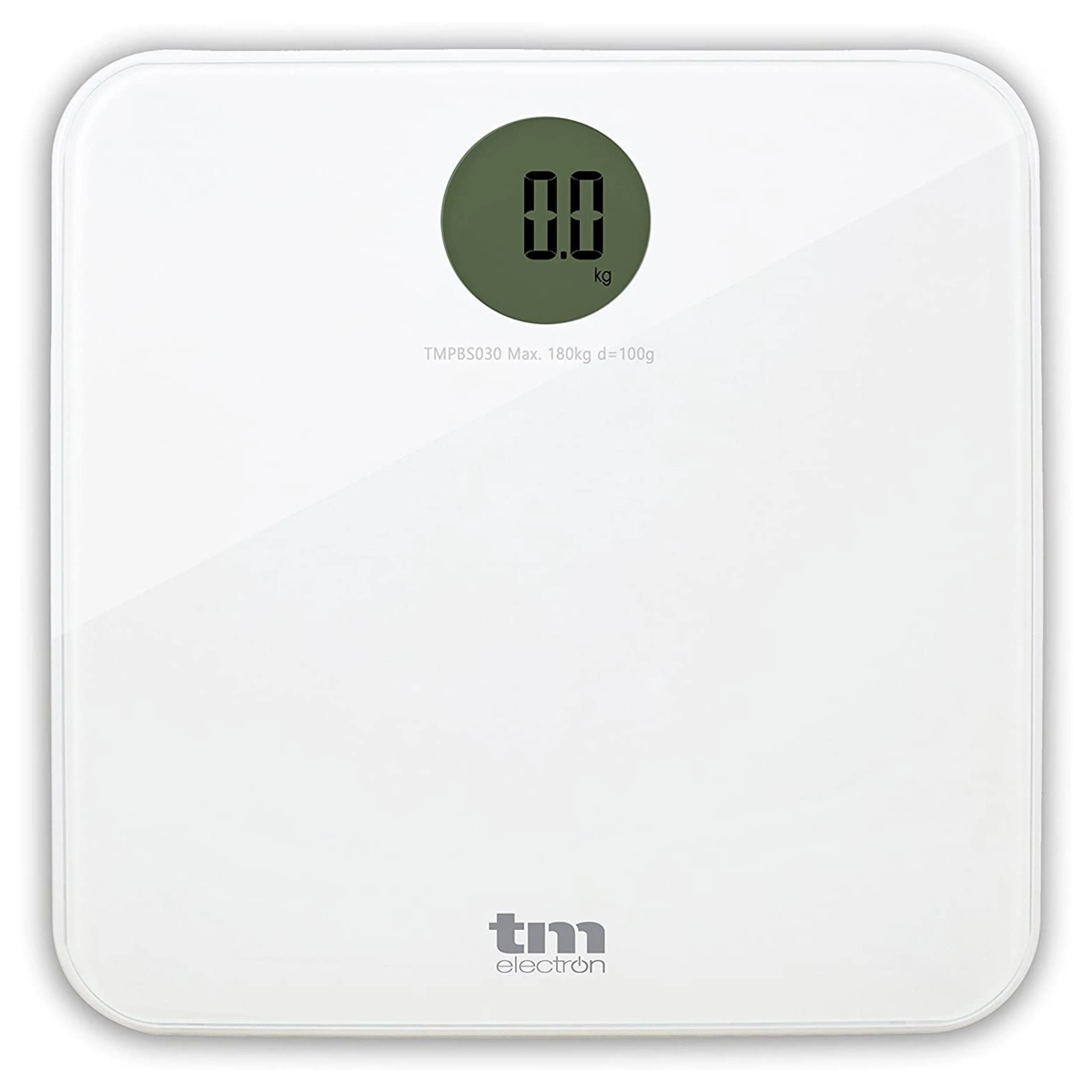 Una báscula digital blanca muestra '0.0 kg'. La marca es 'tm electron'.