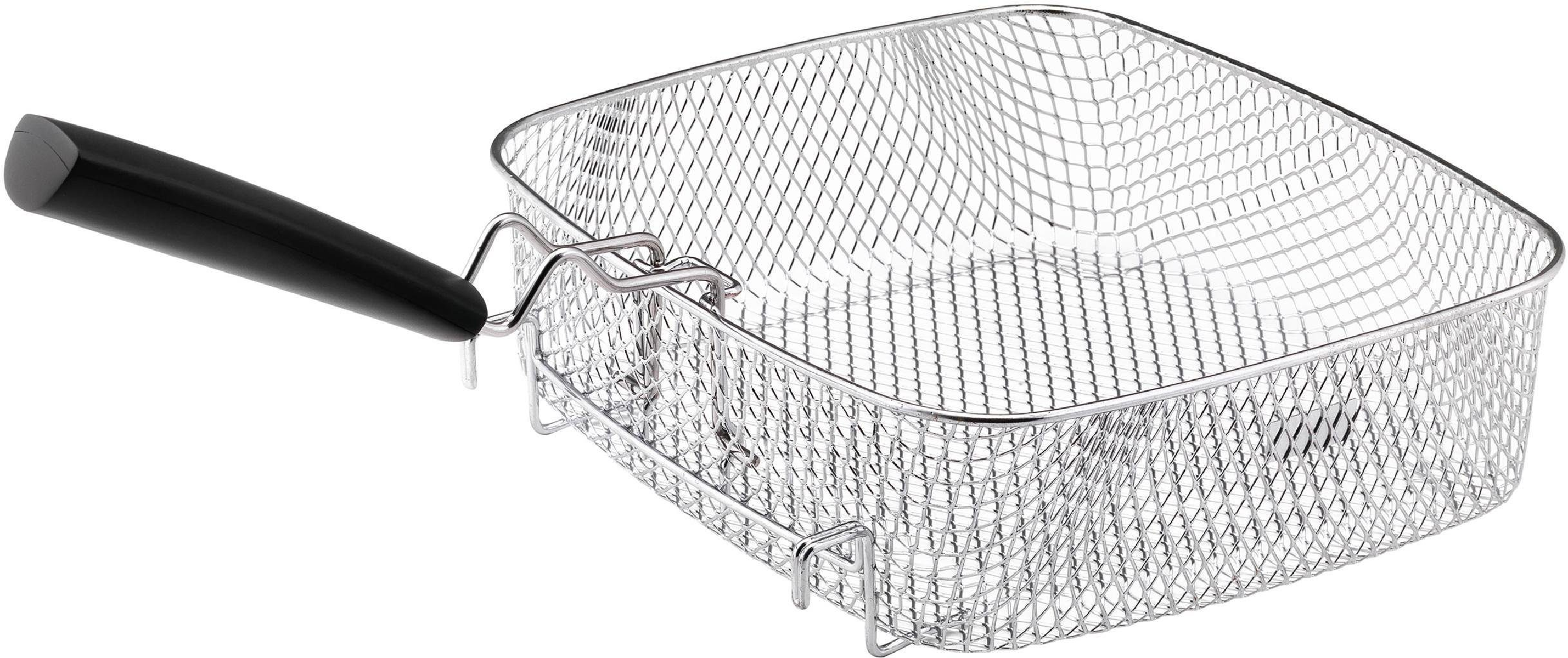 Koszyk do smażenia z siatki drucianej z czarnym uchwytem.
