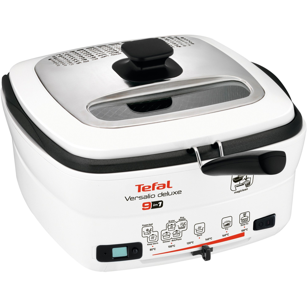 Biało-srebrny multicooker Tefal Versalio Deluxe 9 w 1. Widoczne elementy sterowania i ustawienia.
