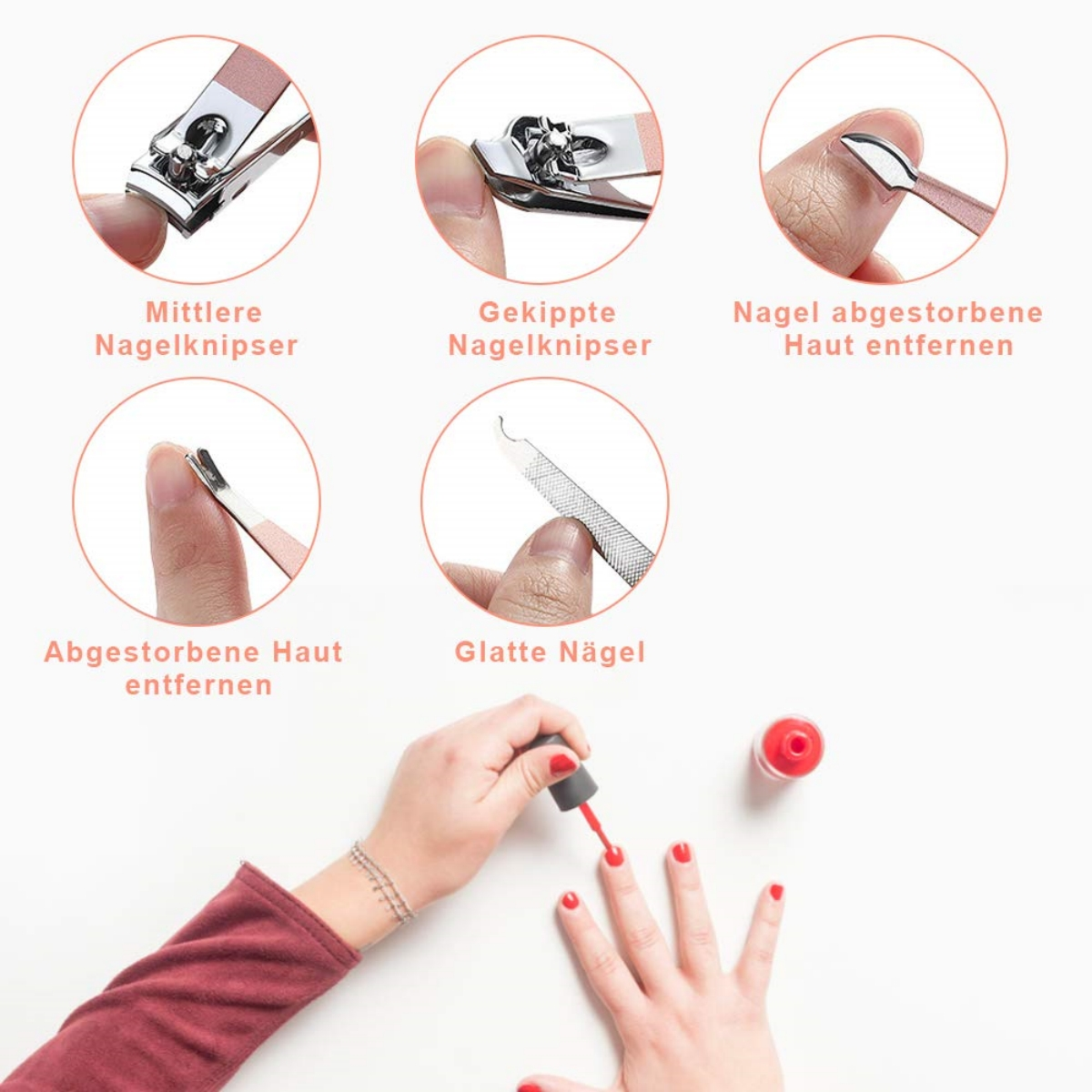 Hände, die Nagelpflege-Schritte mit Zangen, Feilen und Nagellack zeigen.