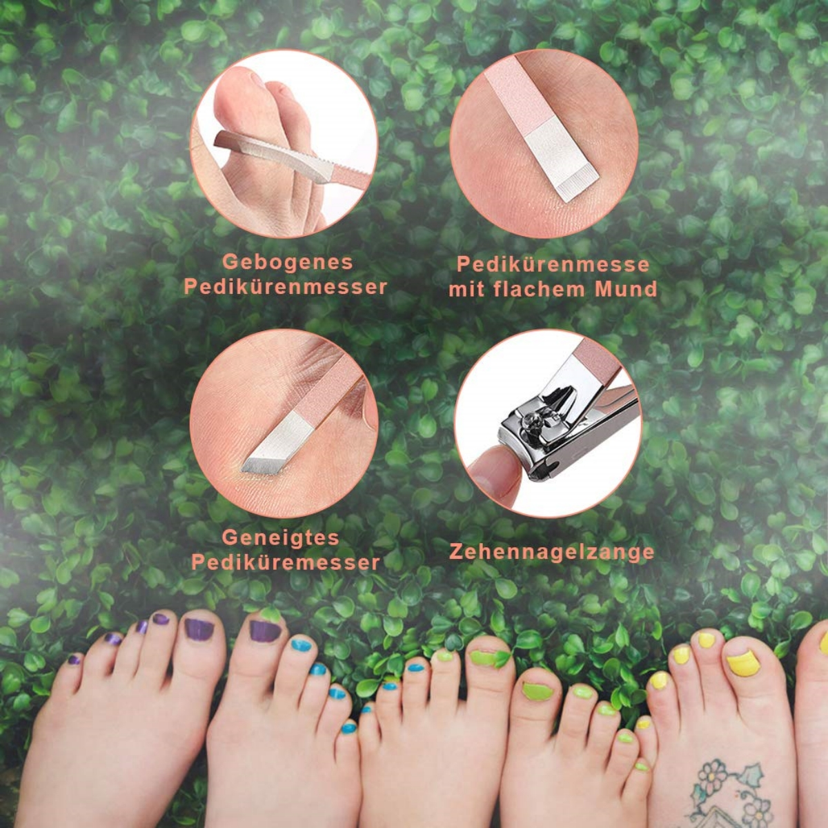 Füße mit lackierten Zehennägeln und Nagelpflege-Werkzeugen. Grün, blau, lila und gelb.
