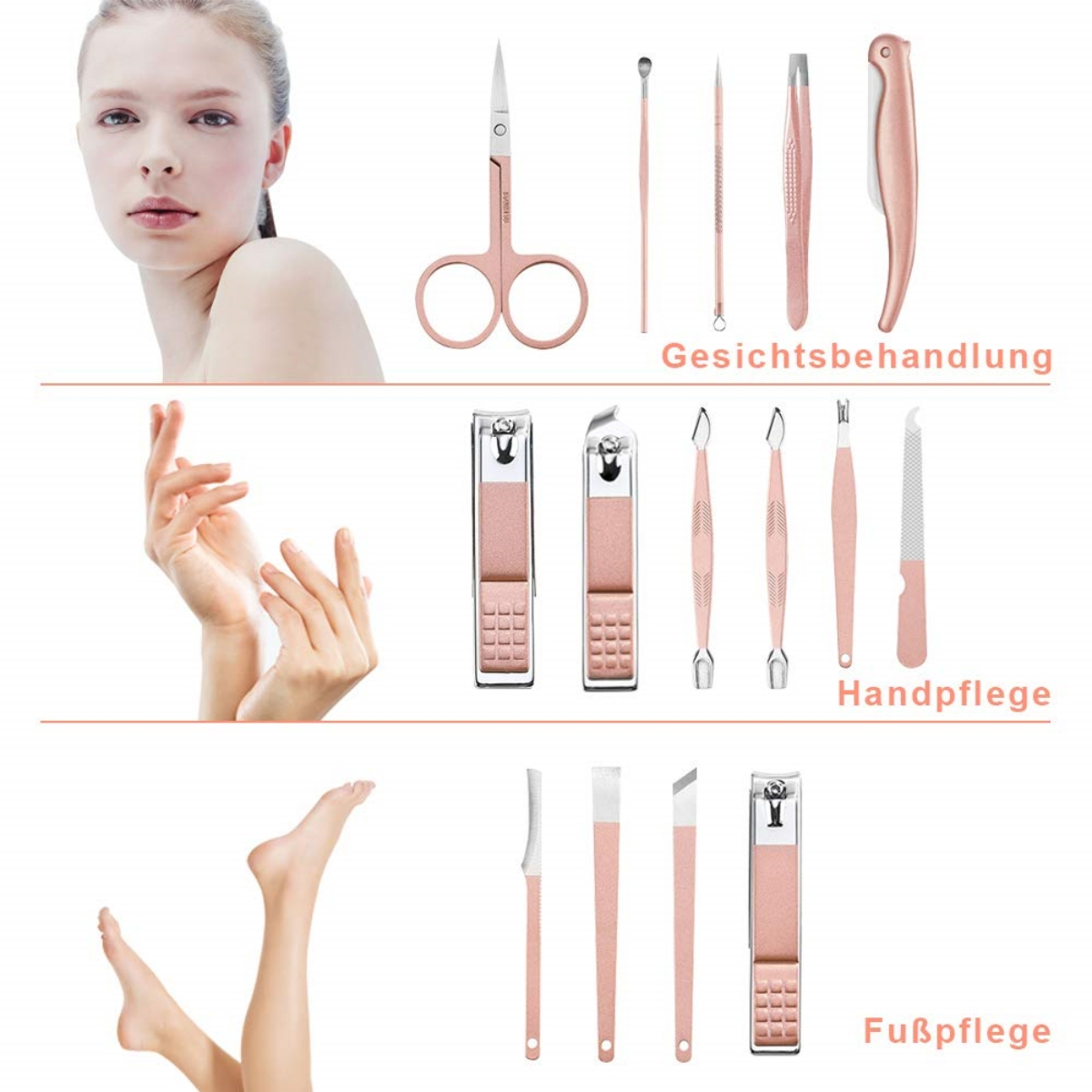 Ein Set von Beauty-Tools, einschließlich Schere, Pinzette und Nagelknipser, mit einer Frau im Hintergrund.