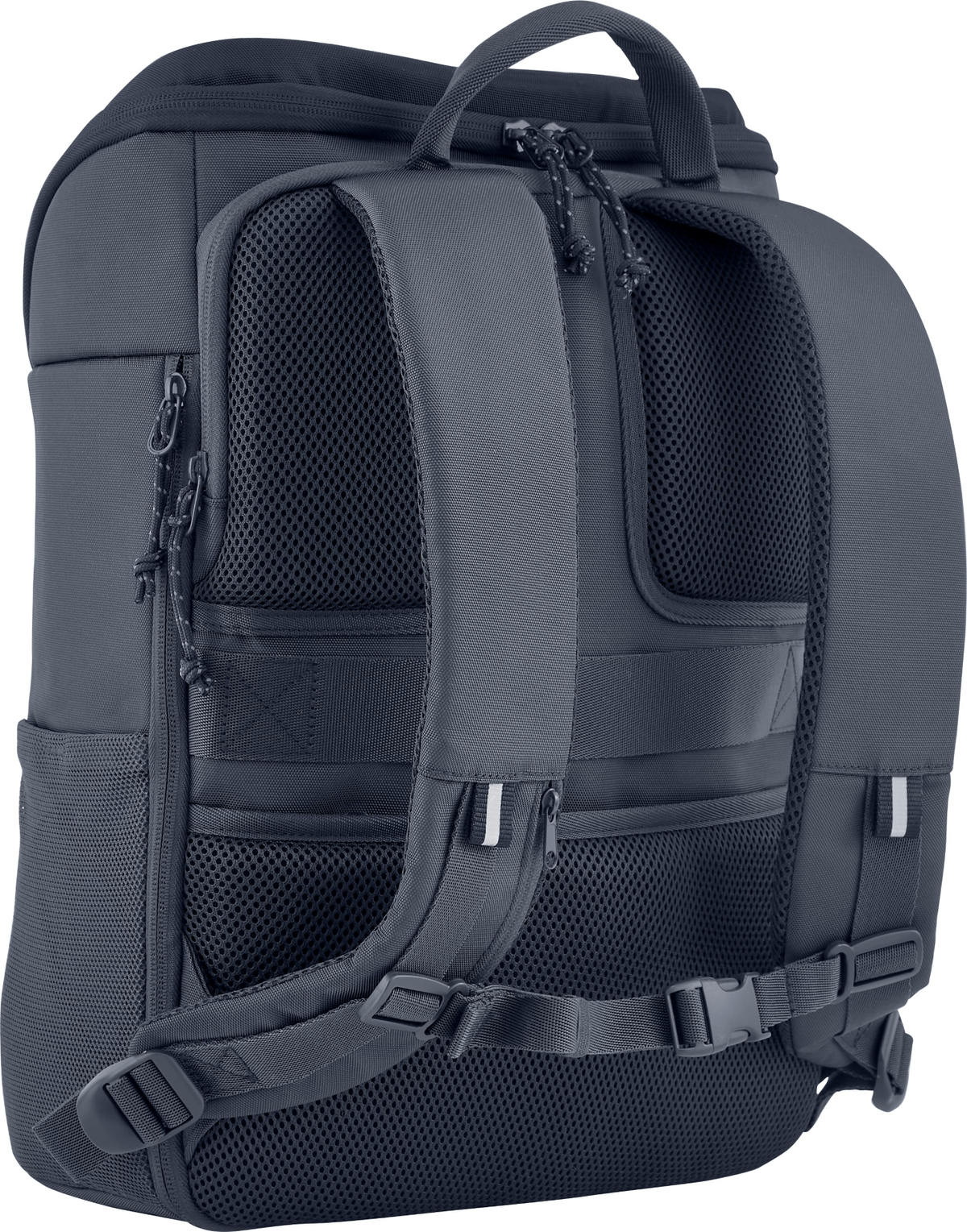 Mochila gris oscuro con panel trasero de malla visible, correas para los hombros y múltiples compartimentos con cremallera.