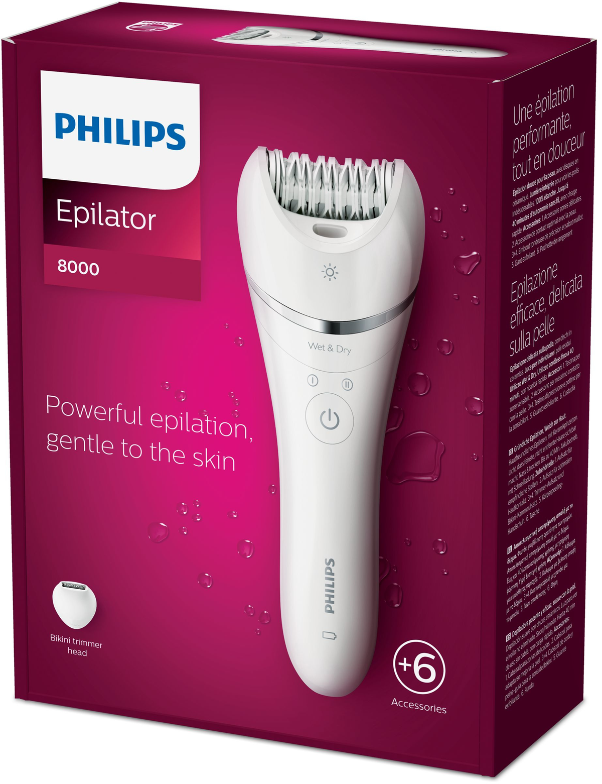Philips Epilierer-Box. Weißer Epilierer auf roter Box mit Text und Zubehör.