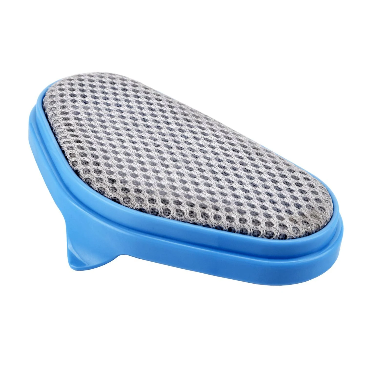 Blaue und weiße Schuhreinigungsbürste mit Netzoberfläche. Weißer Hintergrund.