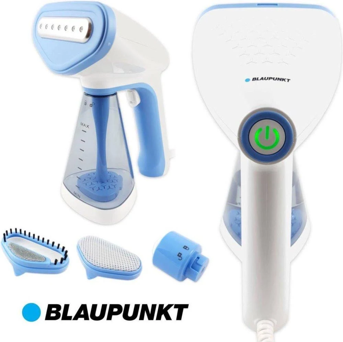 Blaupunkt-Dampfbügler mit Zubehör, weiß und blau.