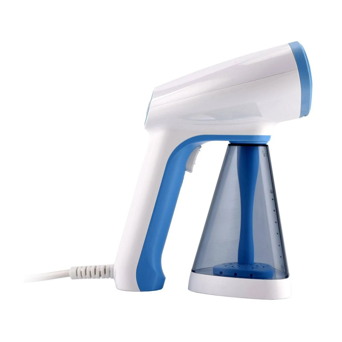 Weiß-blauer Hand-Dampfglätter mit transparentem Wasserbehälter und Kabel.