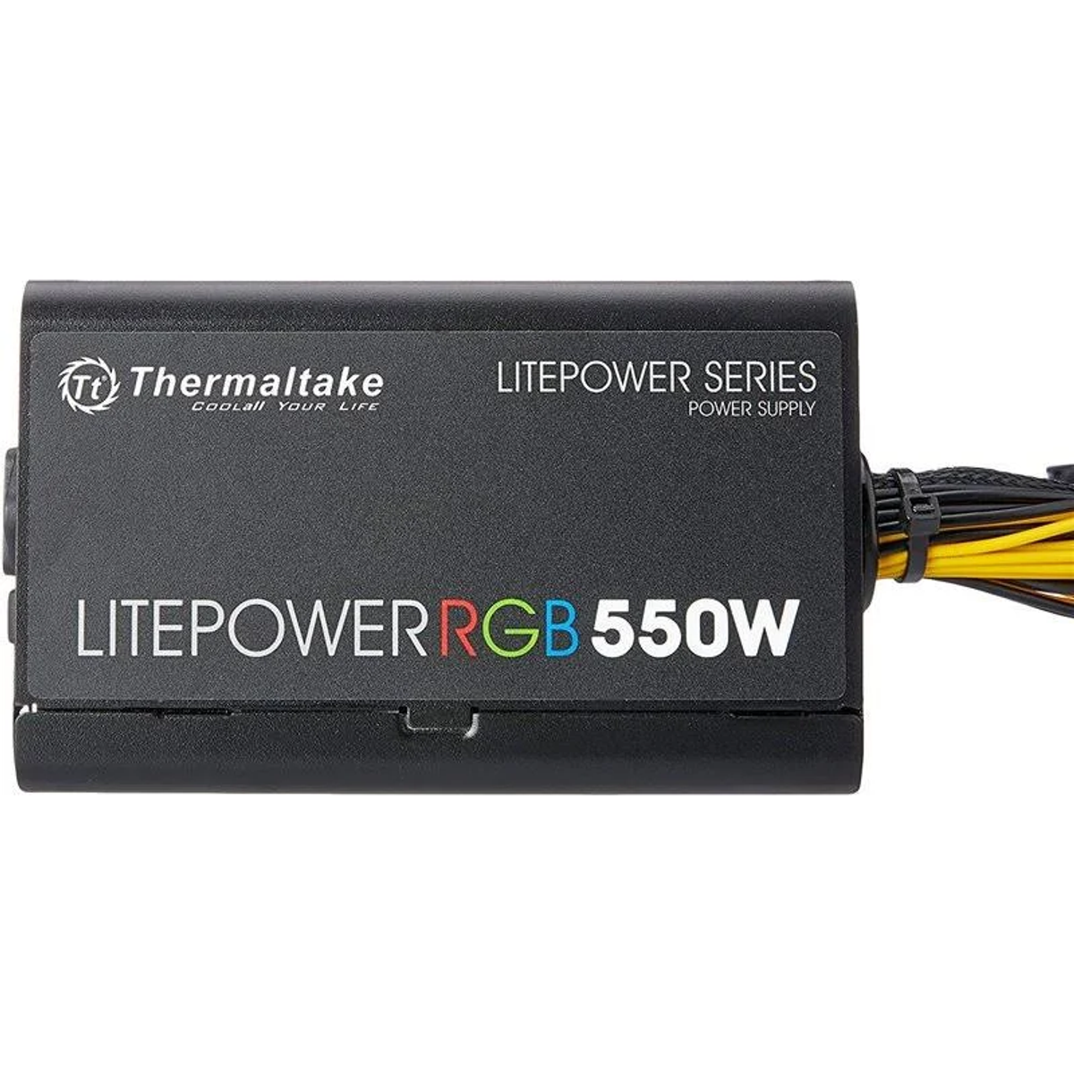 Alimentatore Thermaltake Litepower RGB 550W nero con etichette e cavi collegati.