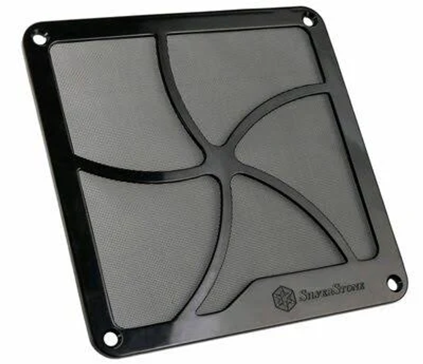 Czarny filtr do wentylatora komputerowego z siatką i czarną ramką z otworami.