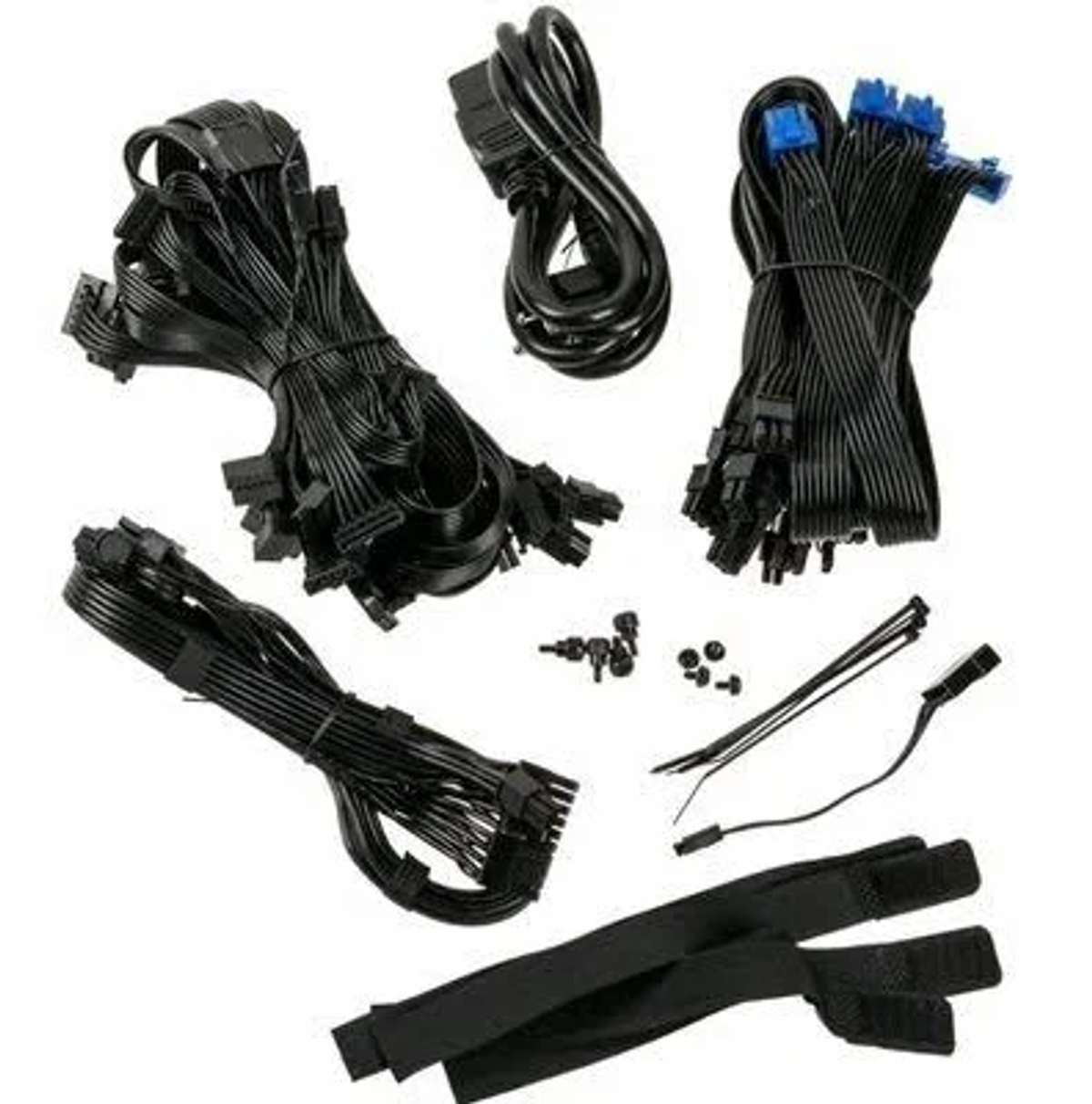 Różne czarne kable zasilające do komputera i komponenty.