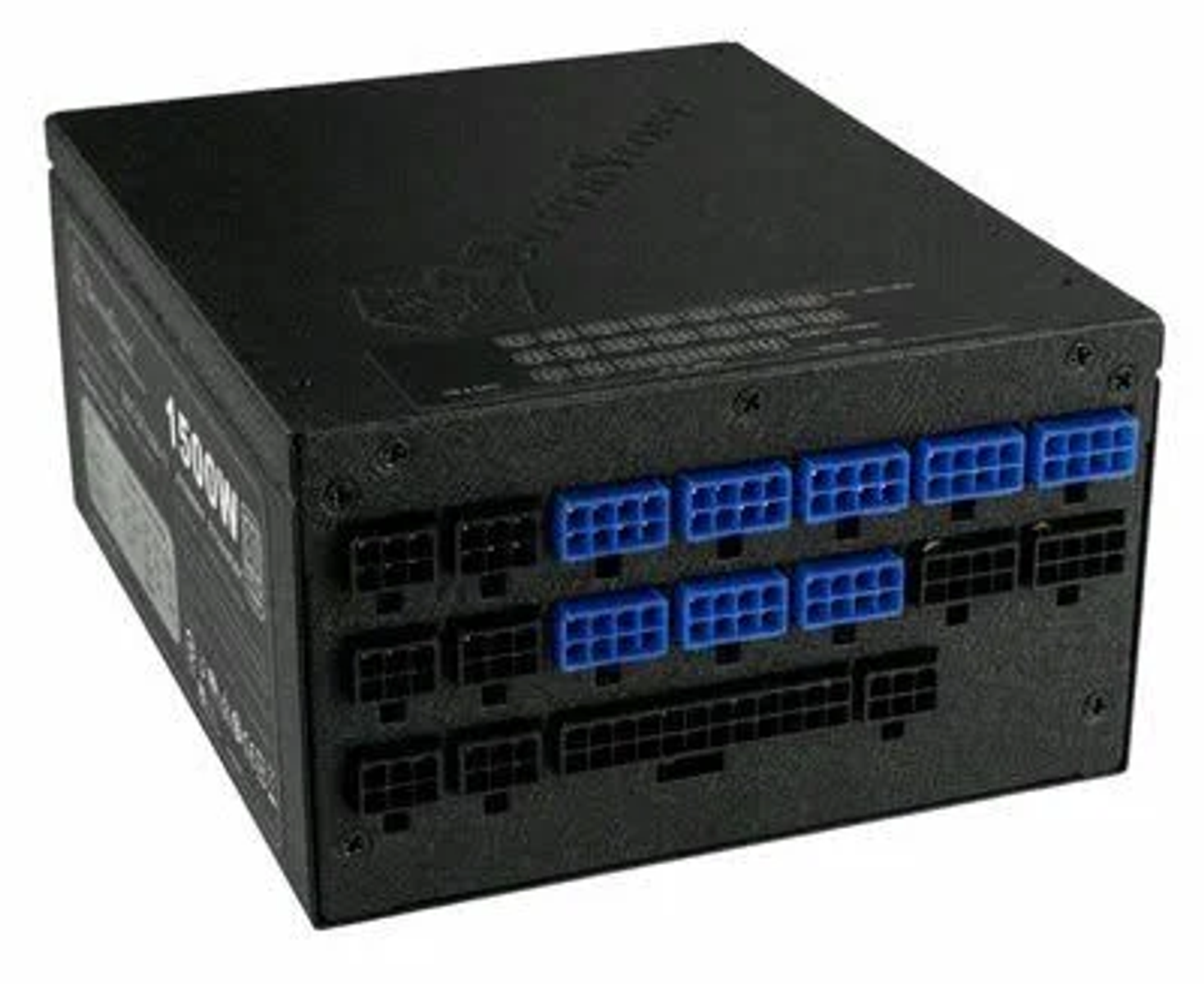 Czarny zasilacz z wieloma niebieskimi i czarnymi złączami na przednim panelu.