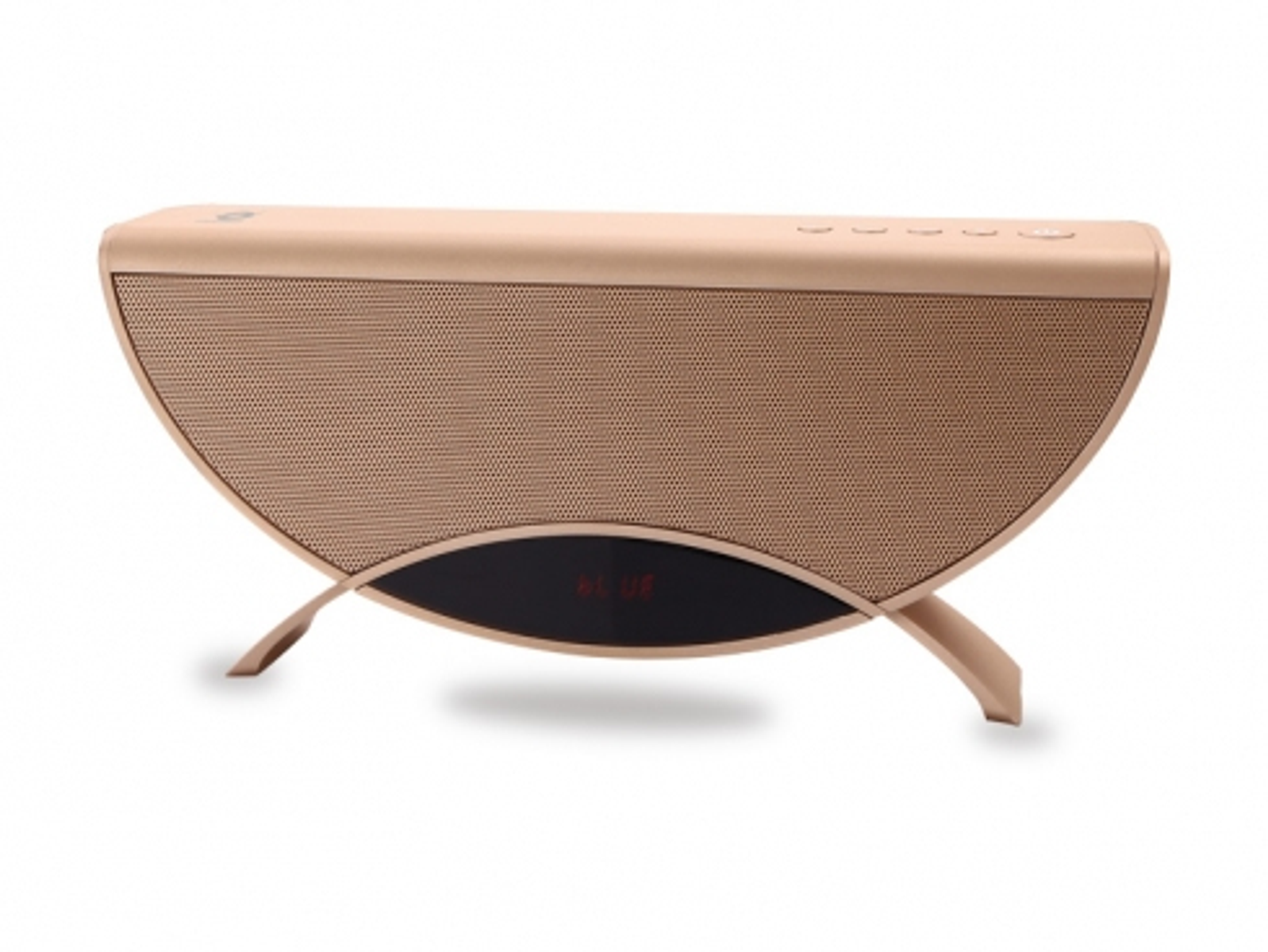 Altavoz dorado, diseño curvo con patas. Frente negro con pantalla.