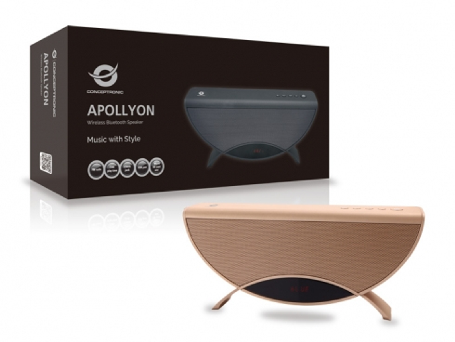 Altavoz Bluetooth inalámbrico y su caja. Altavoz dorado y caja negra con texto.