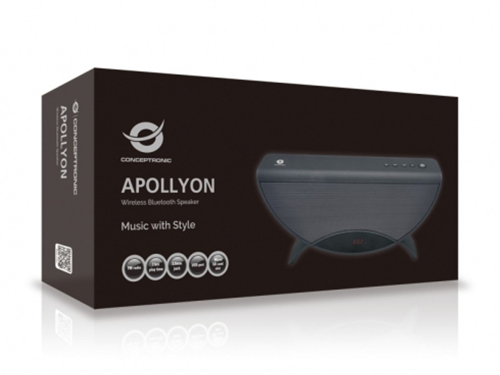 Caja negra con imagen del altavoz Conceptronic Apollon. Texto 'Music with Style' y logos.