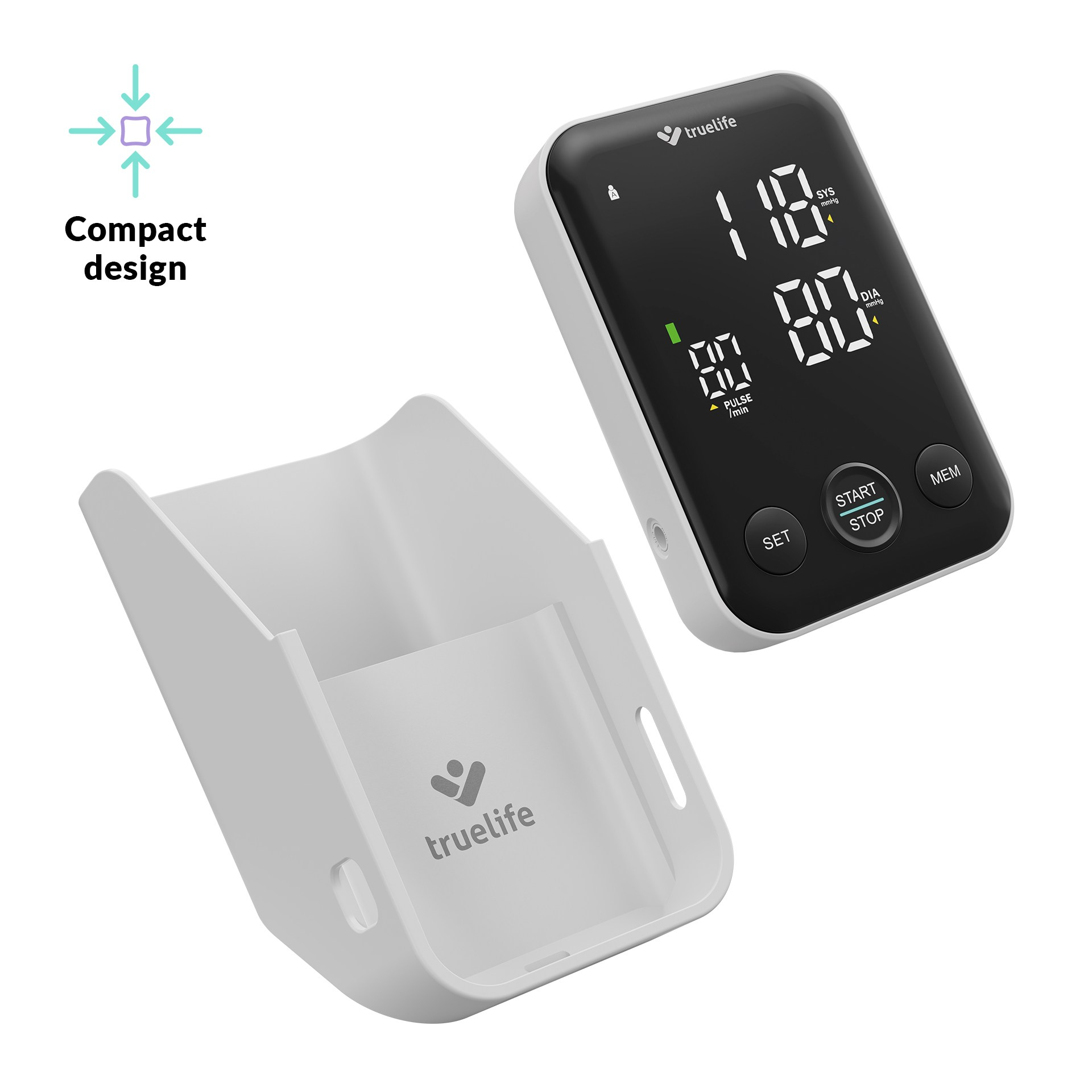 Ciśnieniomierz z wyświetlaczem i białym uchwytem, odizolowany na białym tle.