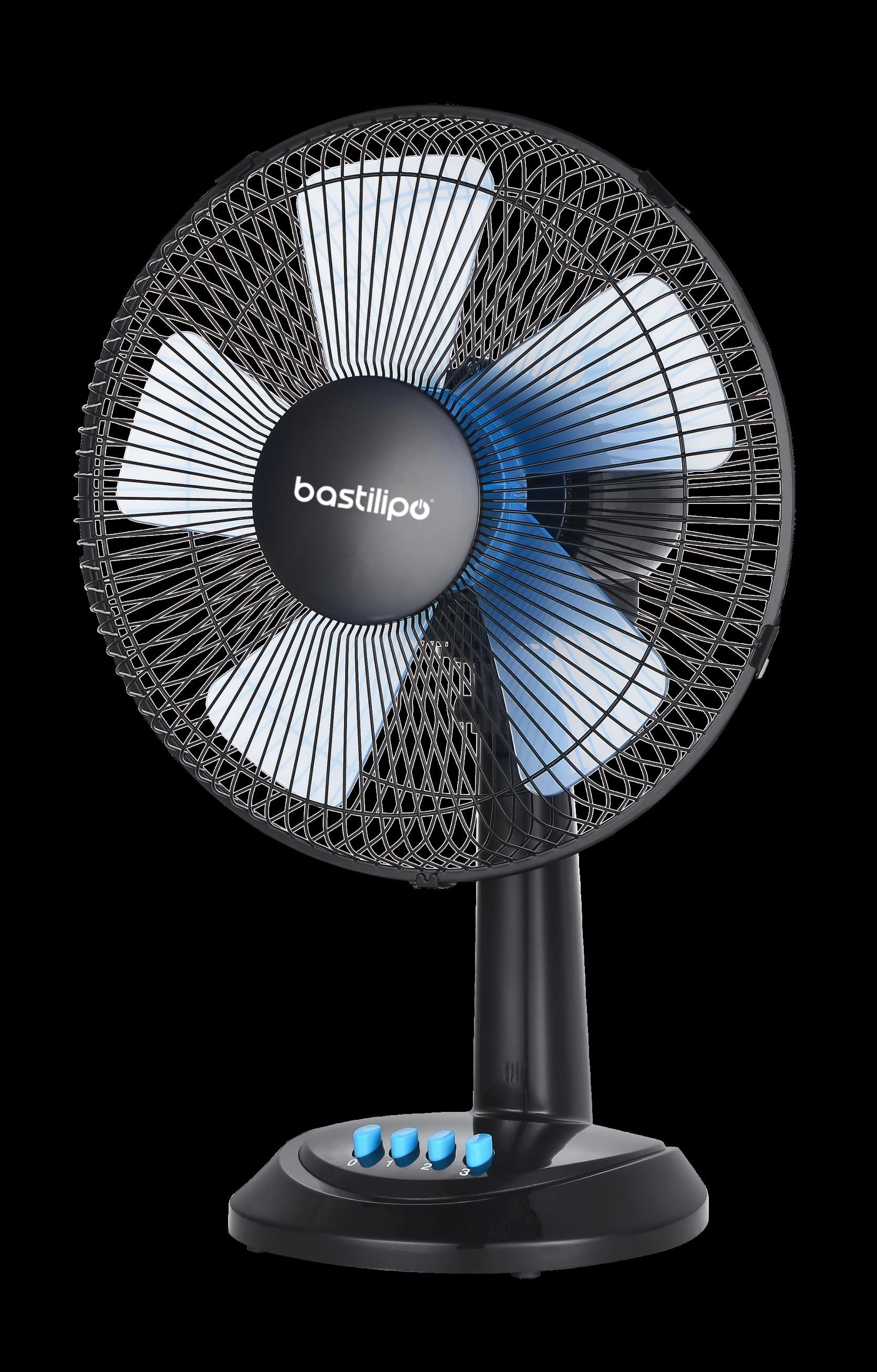 Ventilador negro con aspas azules, sobre soporte negro, con botones azules, fondo negro.