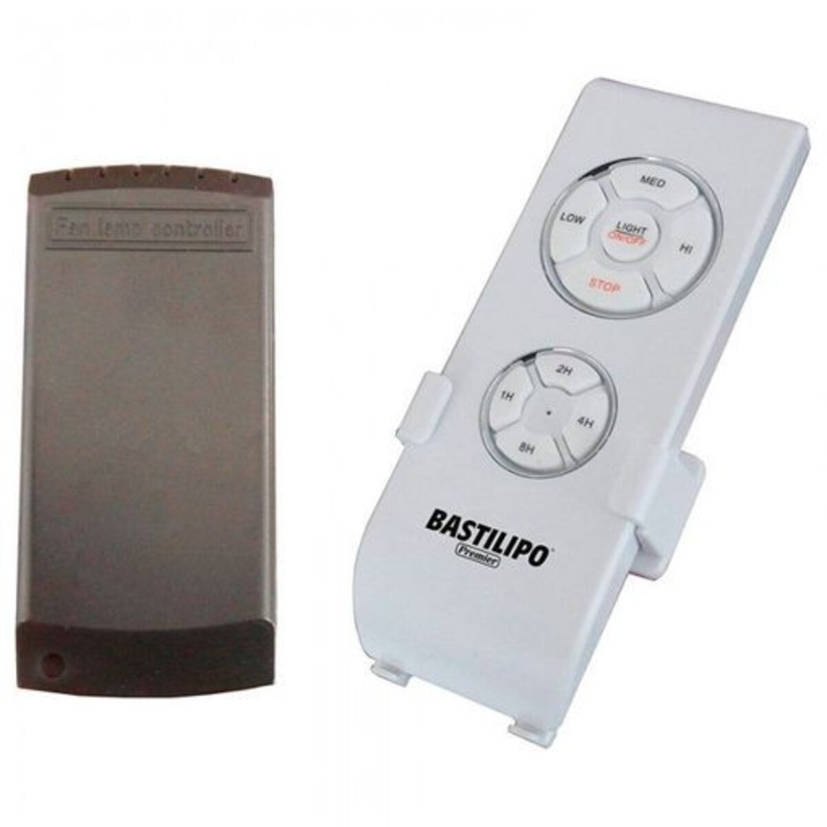 Un control remoto blanco y una caja gris para un sistema de control de ventilador y luz.