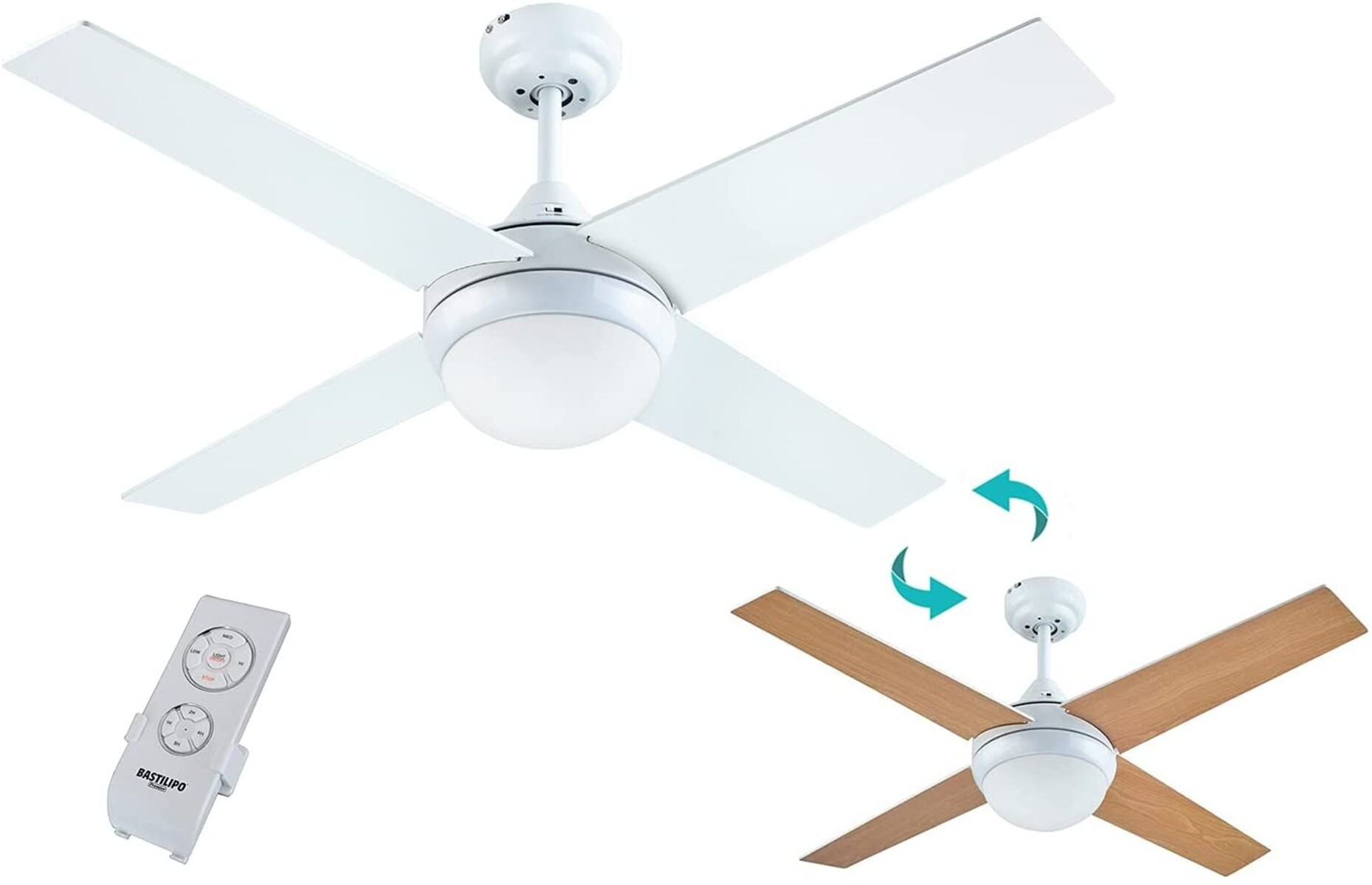 Due ventilatori a soffitto. Uno bianco e l'altro con pale in legno, che ruotano con frecce.