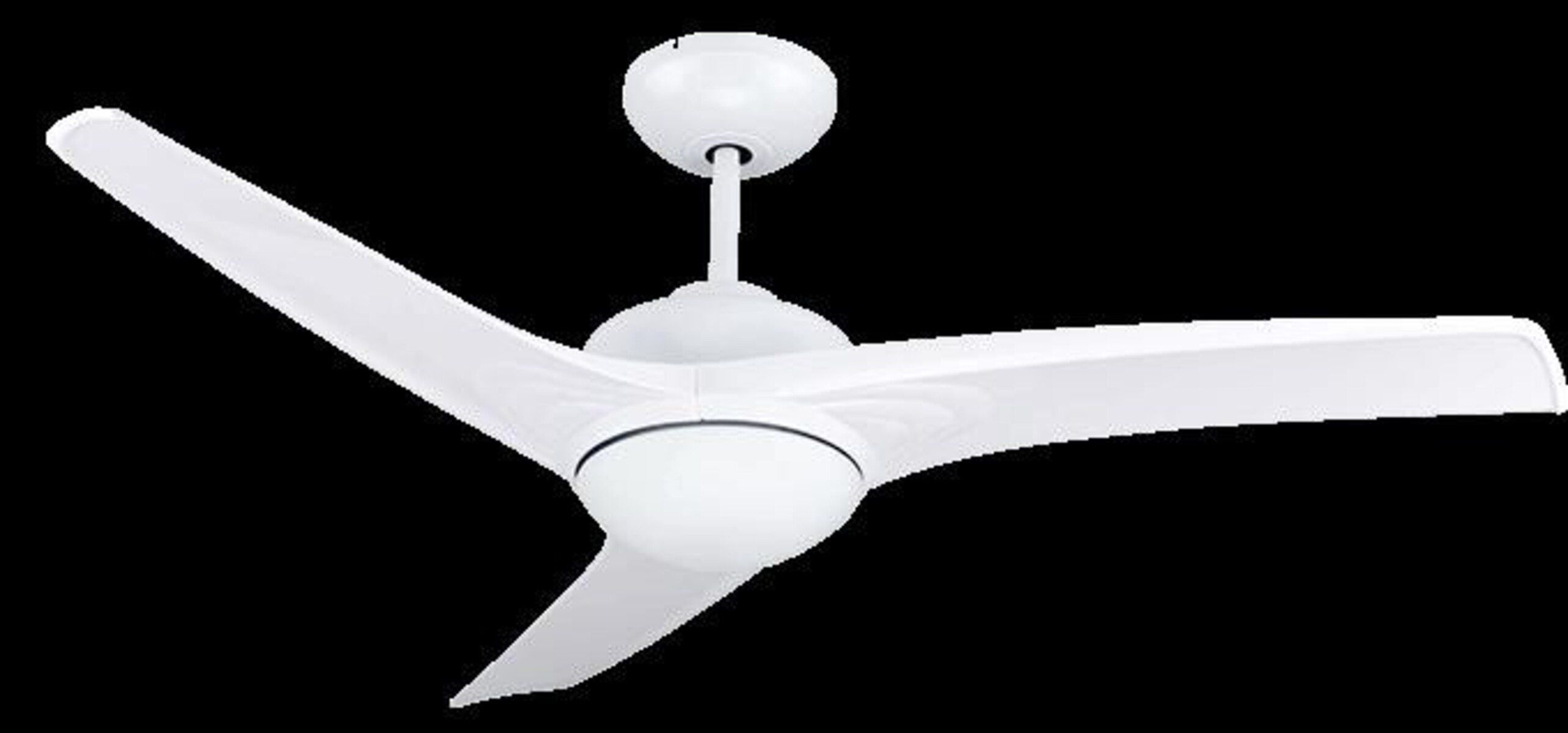 Un ventilador de techo blanco con tres aspas y una lámpara. Está contra un fondo negro.