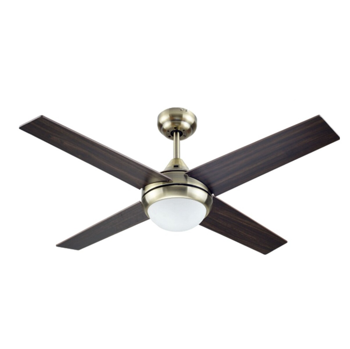 Un ventilatore da soffitto con quattro pale marrone scuro e un alloggiamento motore dorato con un'apparecchio di illuminazione bianco.